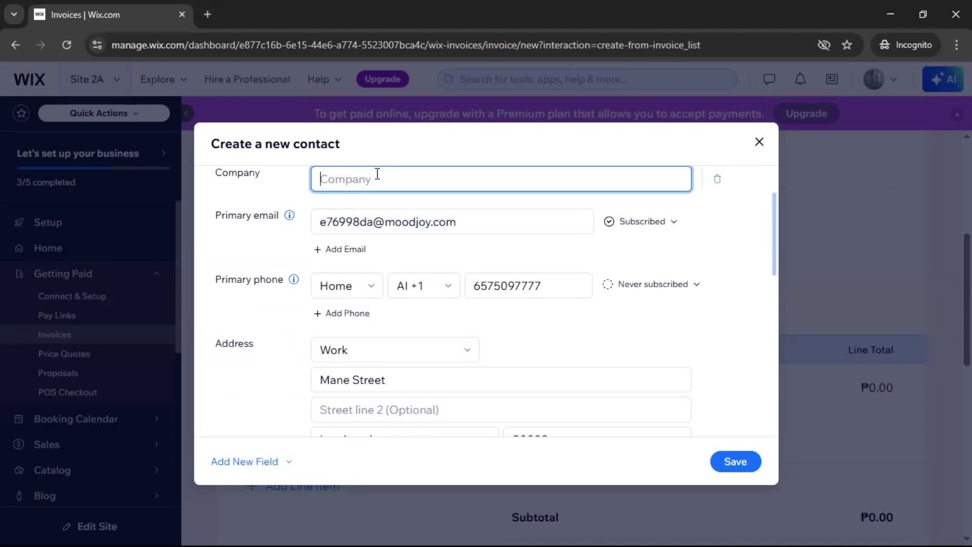 Creating an invoice screenshot