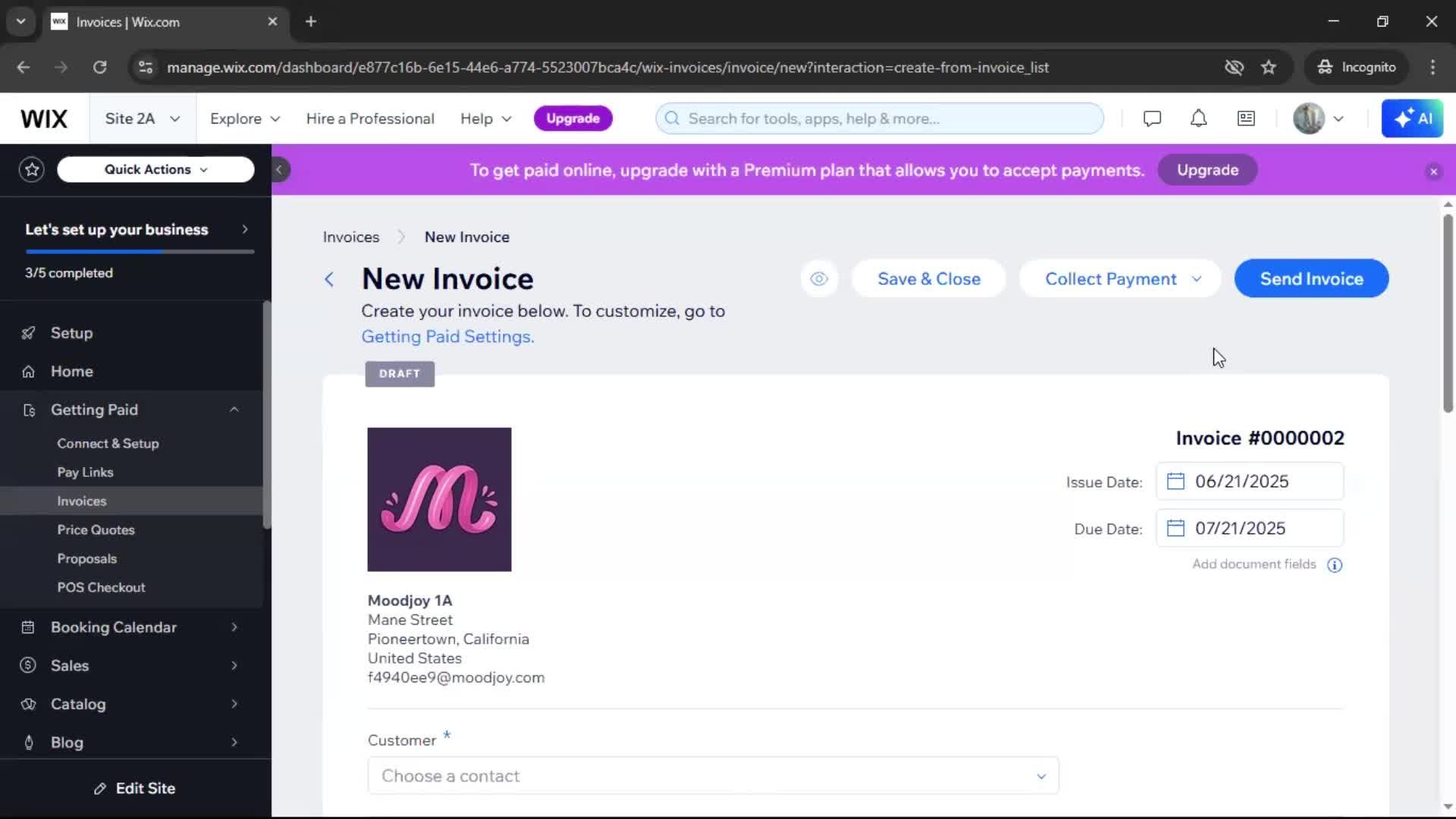 Creating an invoice screenshot