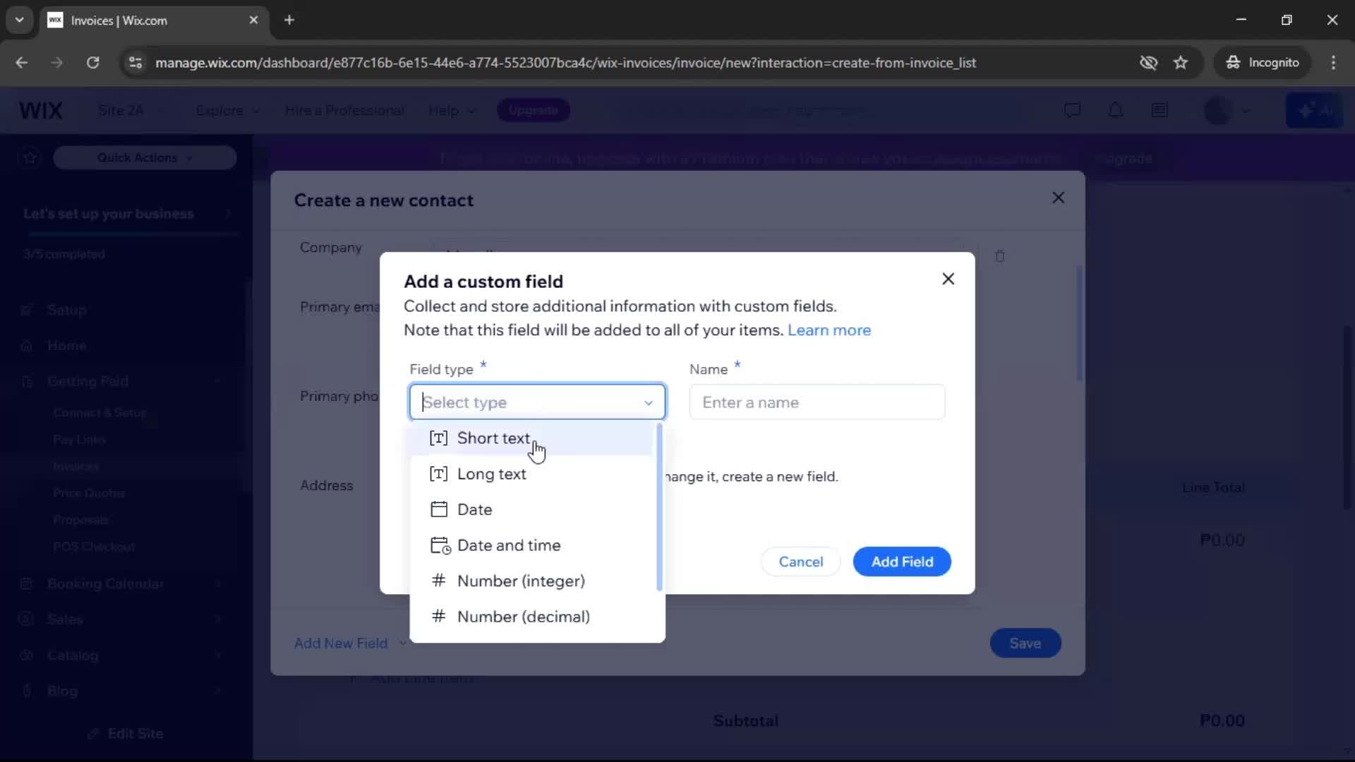 Creating an invoice screenshot