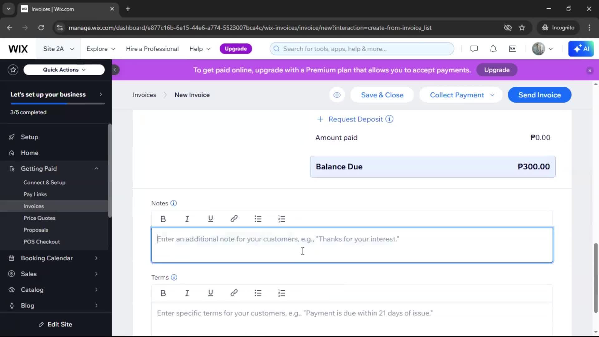 Creating an invoice screenshot