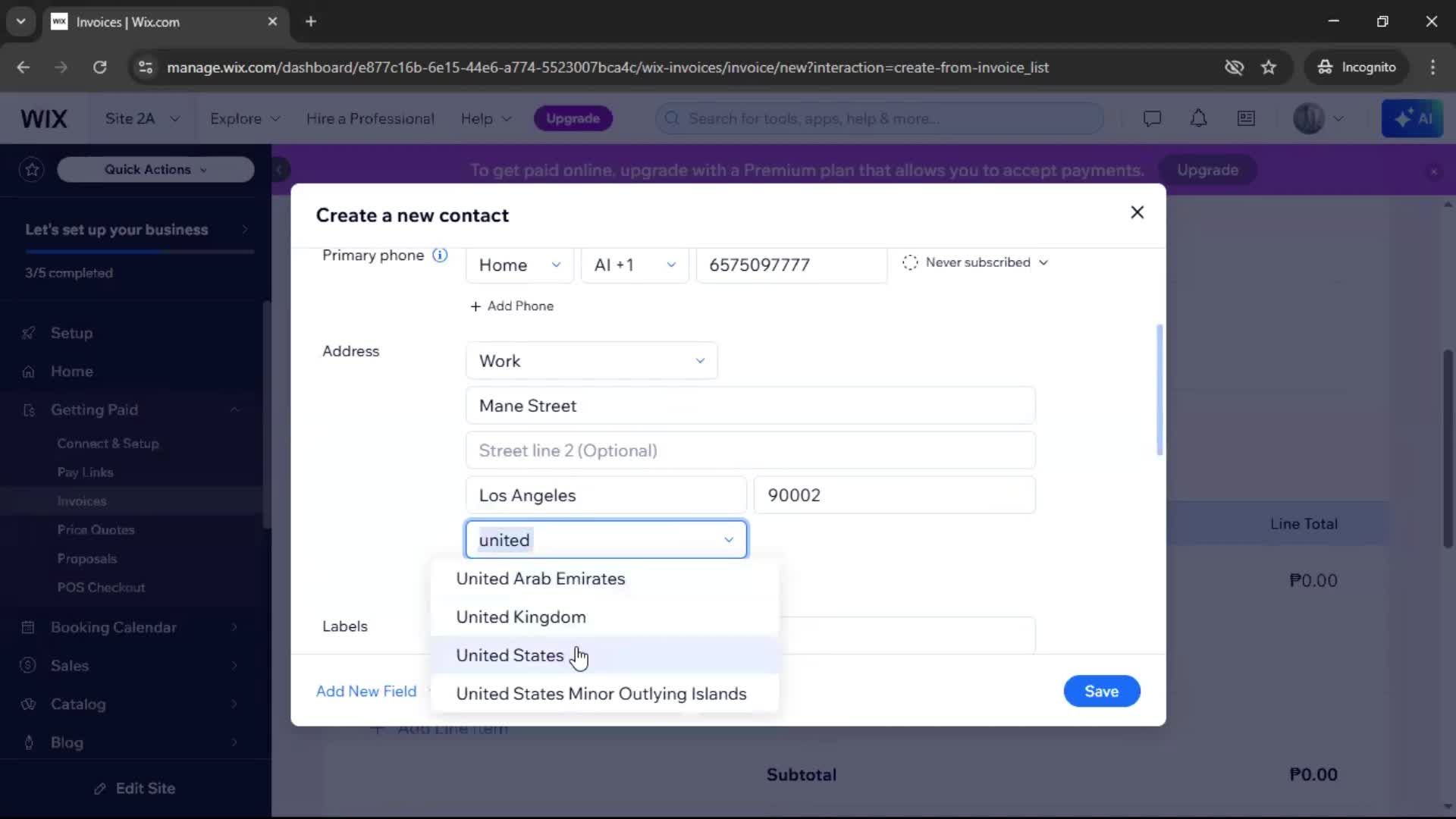 Creating an invoice screenshot