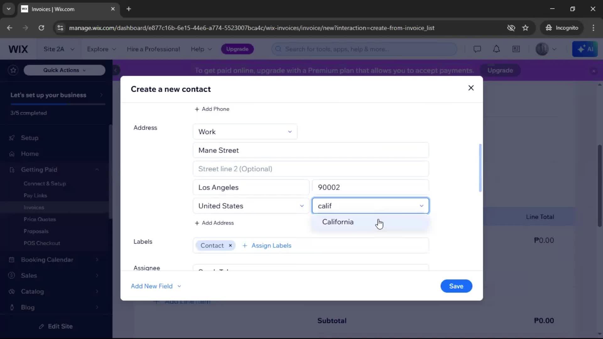 Creating an invoice screenshot