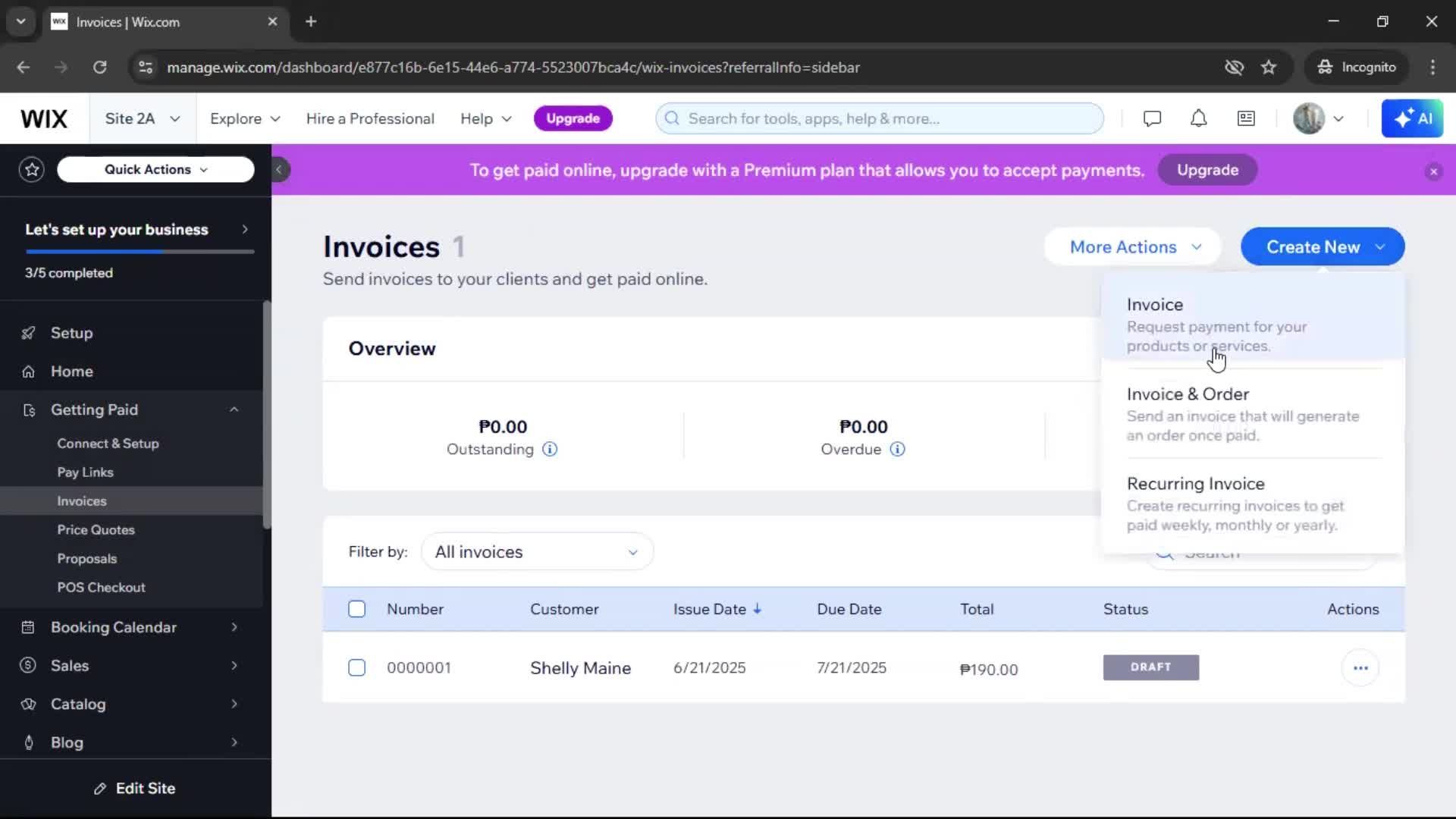 Creating an invoice screenshot