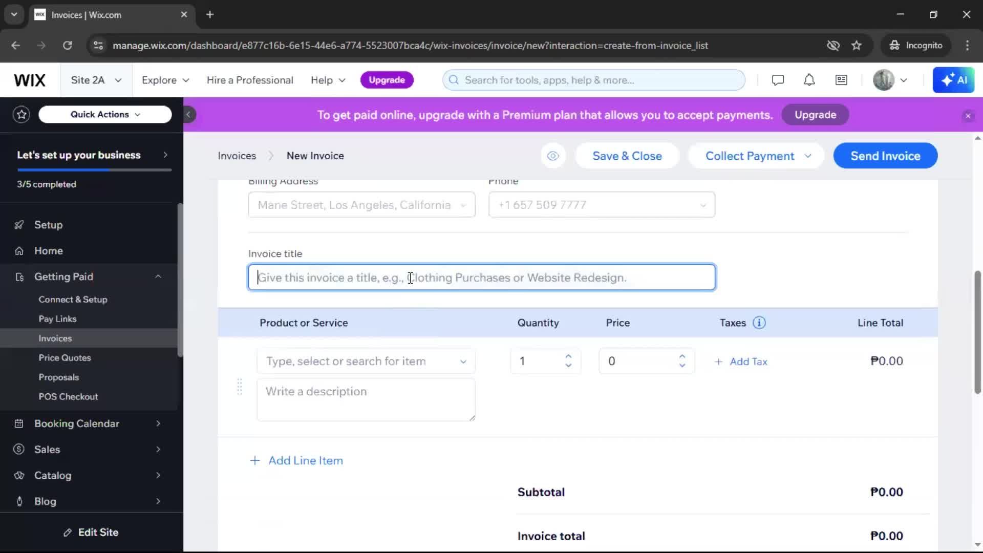 Creating an invoice screenshot