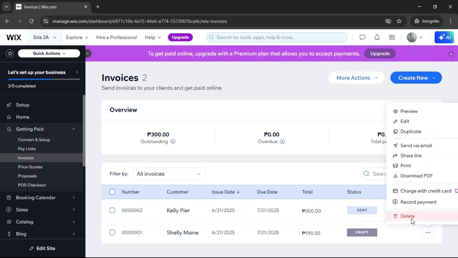 Creating an invoice screenshot