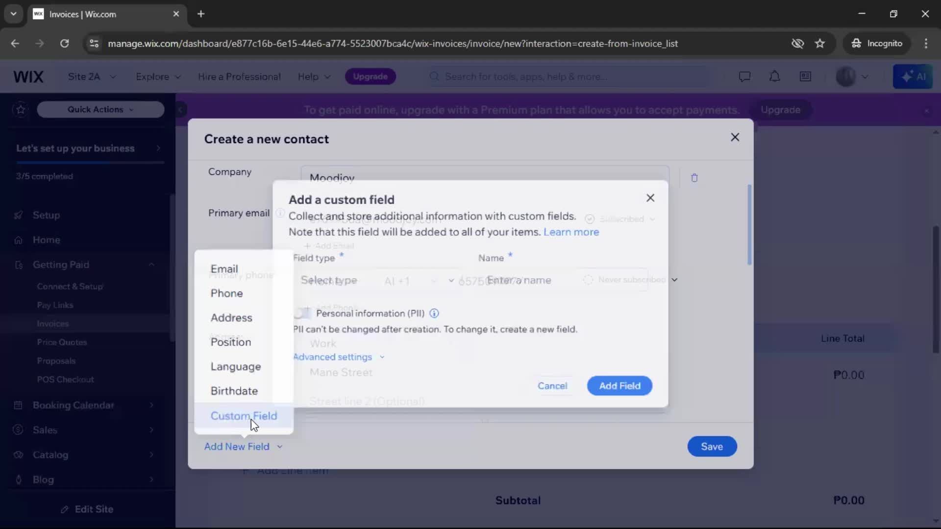 Creating an invoice screenshot