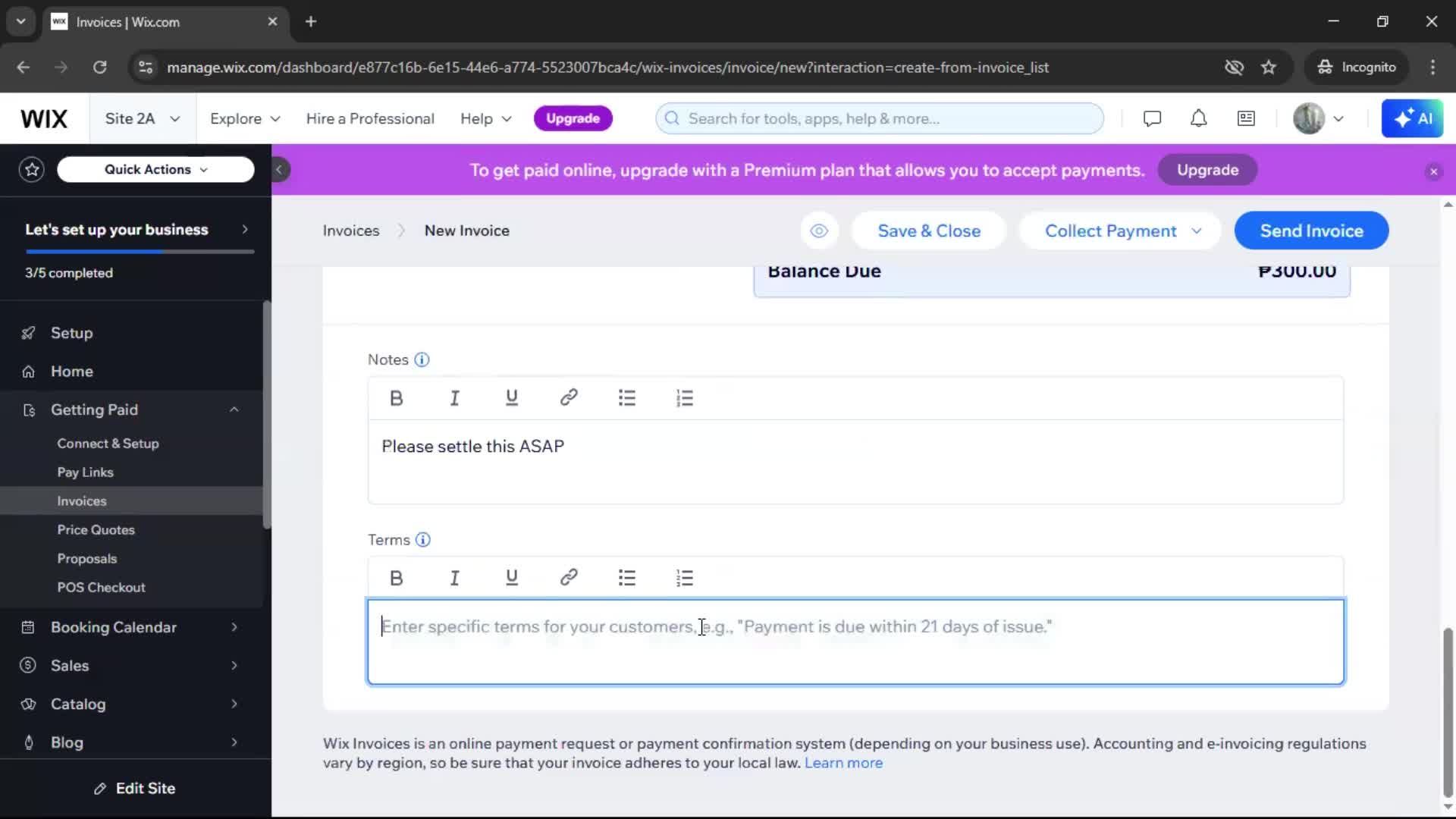 Creating an invoice screenshot