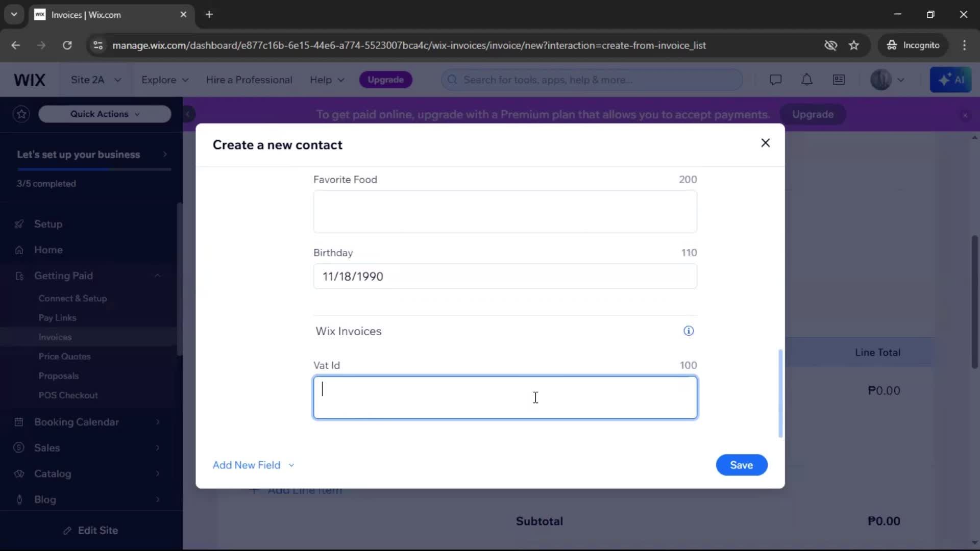 Creating an invoice screenshot