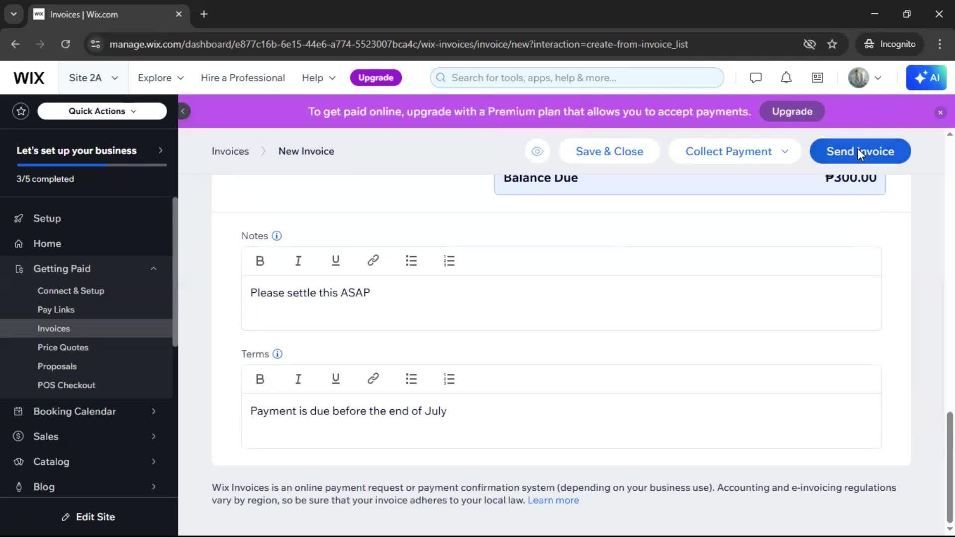Creating an invoice screenshot