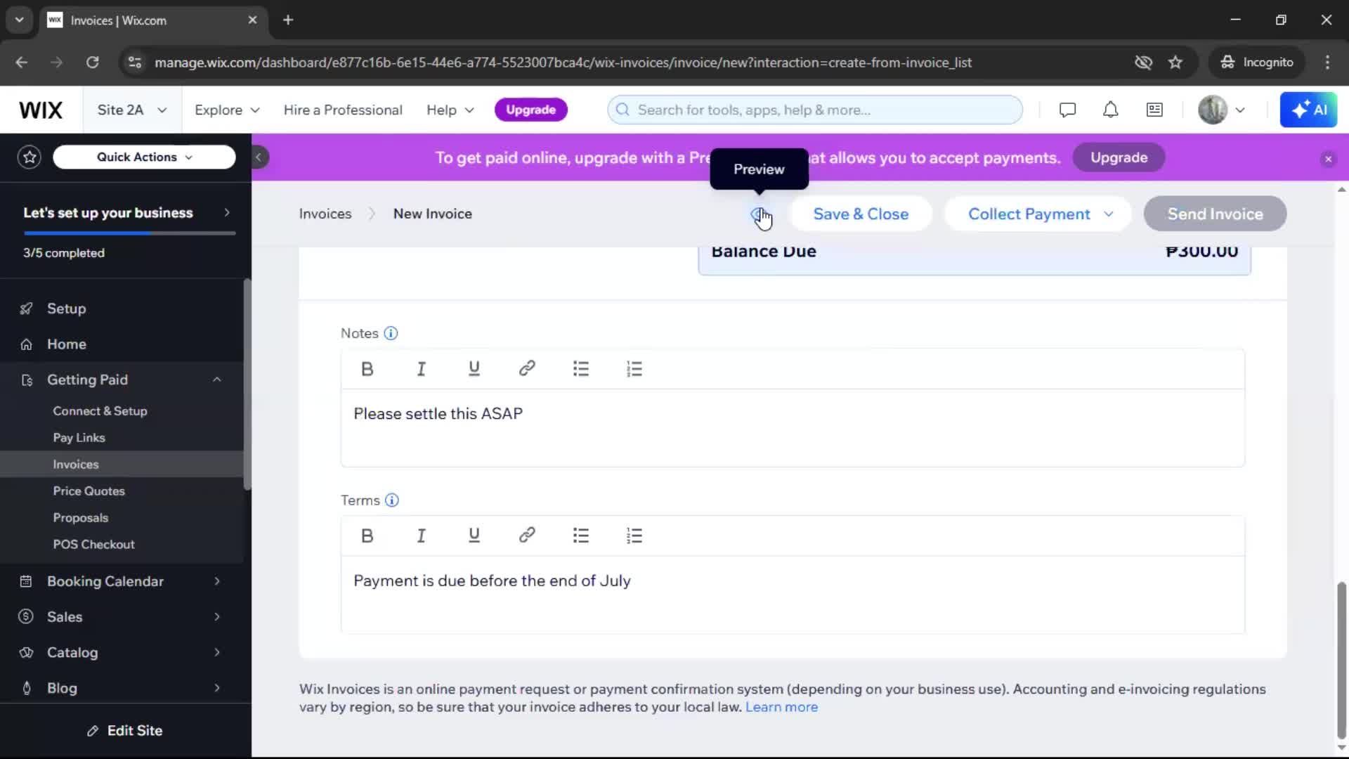 Creating an invoice screenshot