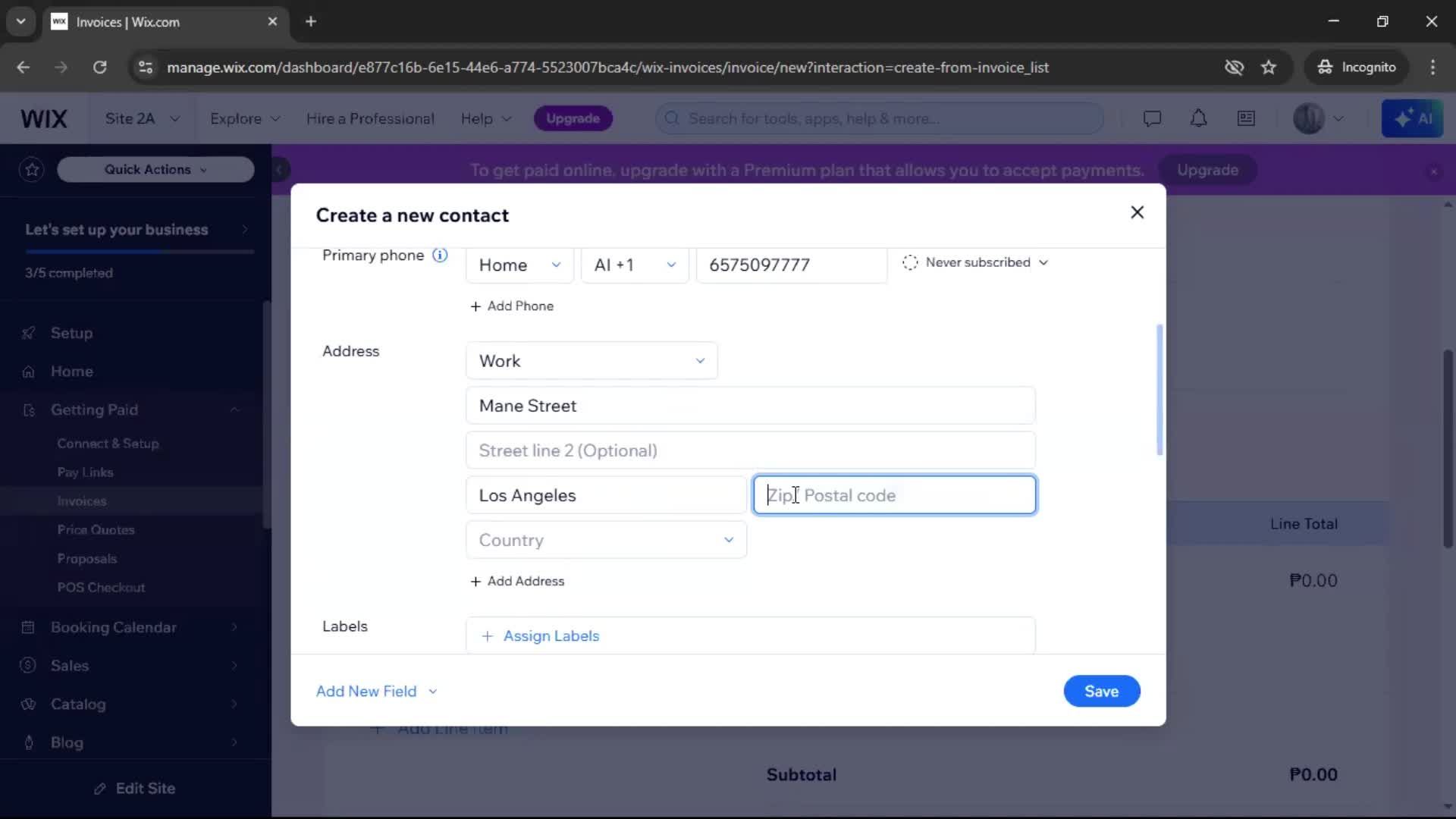 Creating an invoice screenshot