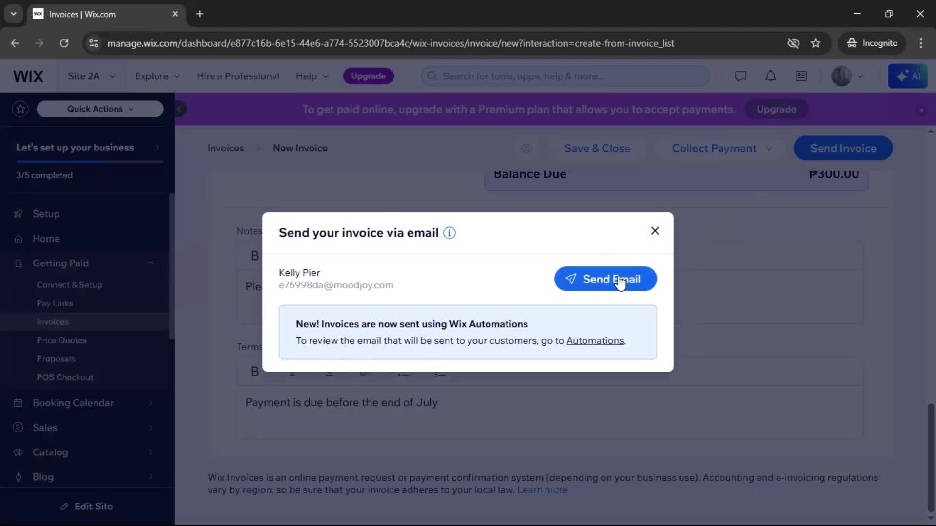 Creating an invoice screenshot
