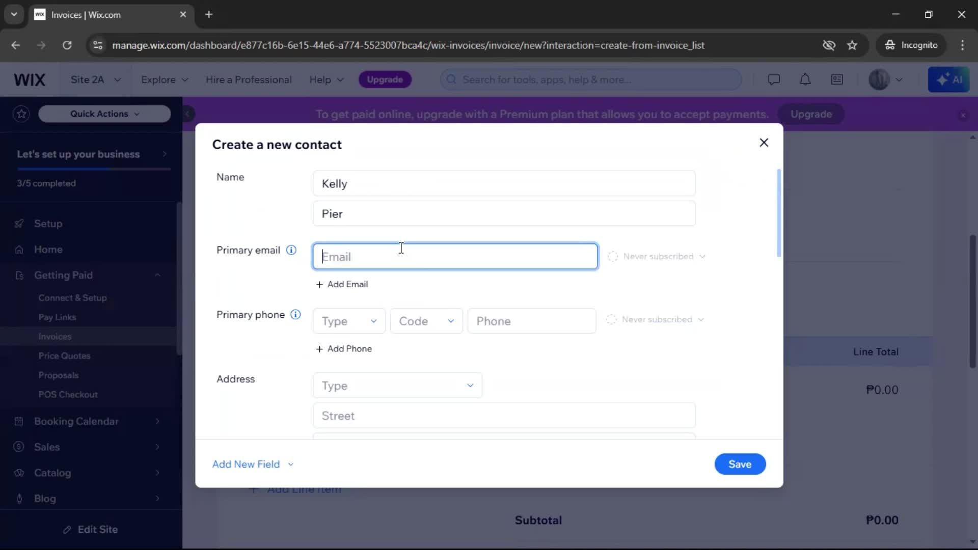 Creating an invoice screenshot