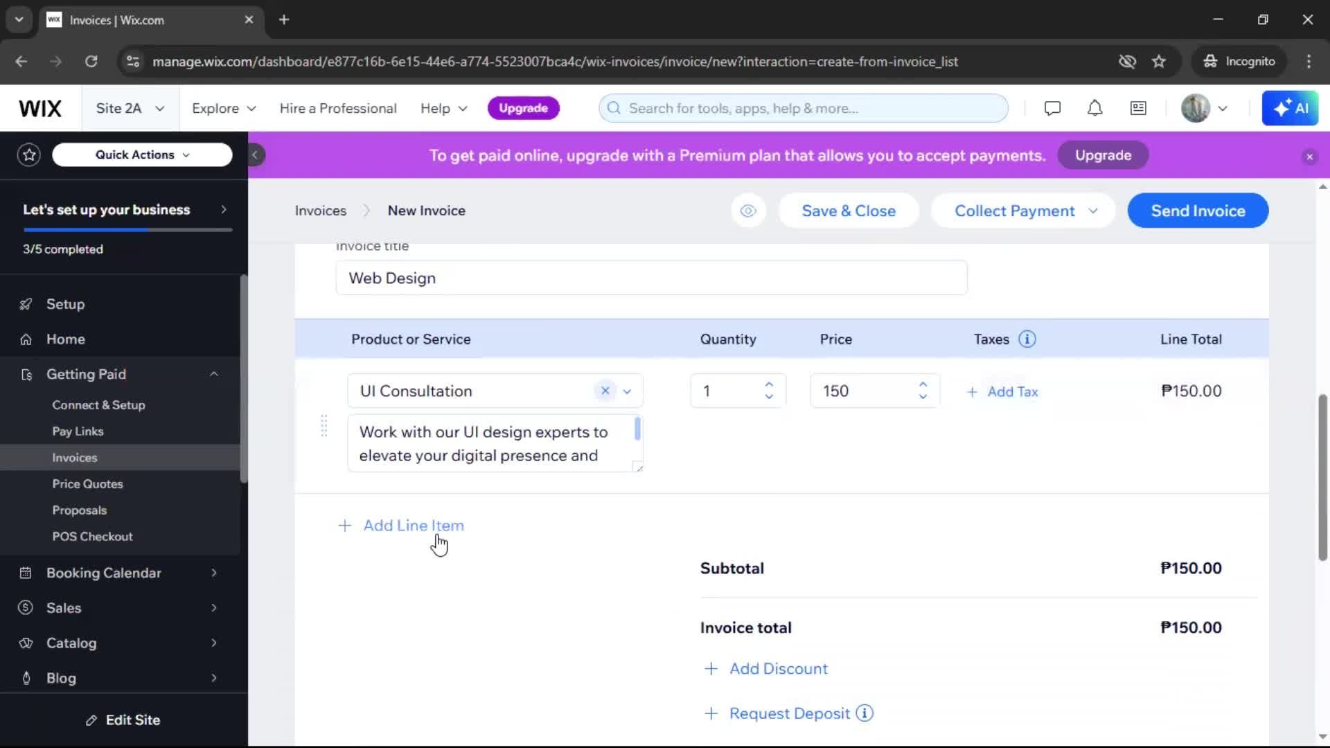 Creating an invoice screenshot
