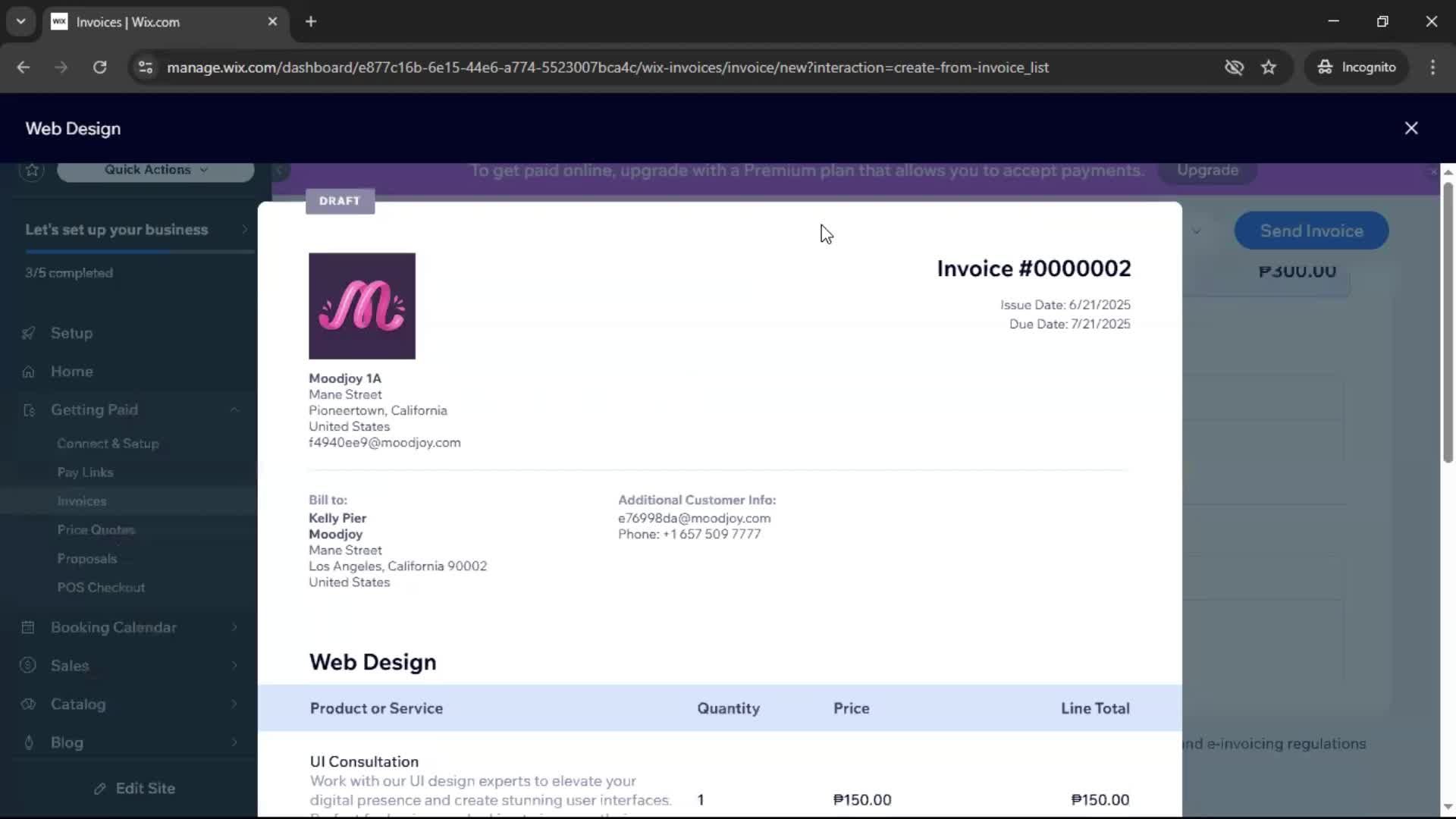 Creating an invoice screenshot