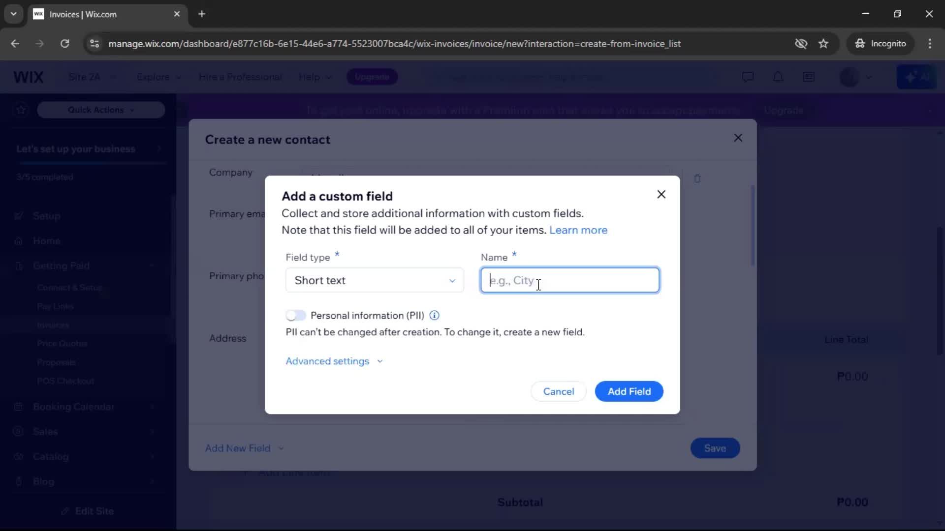 Creating an invoice screenshot