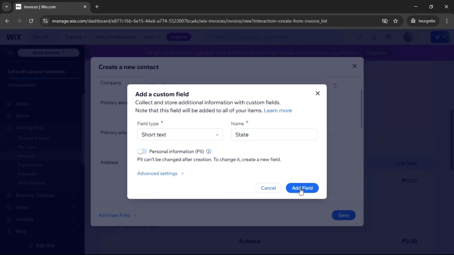 Creating an invoice screenshot