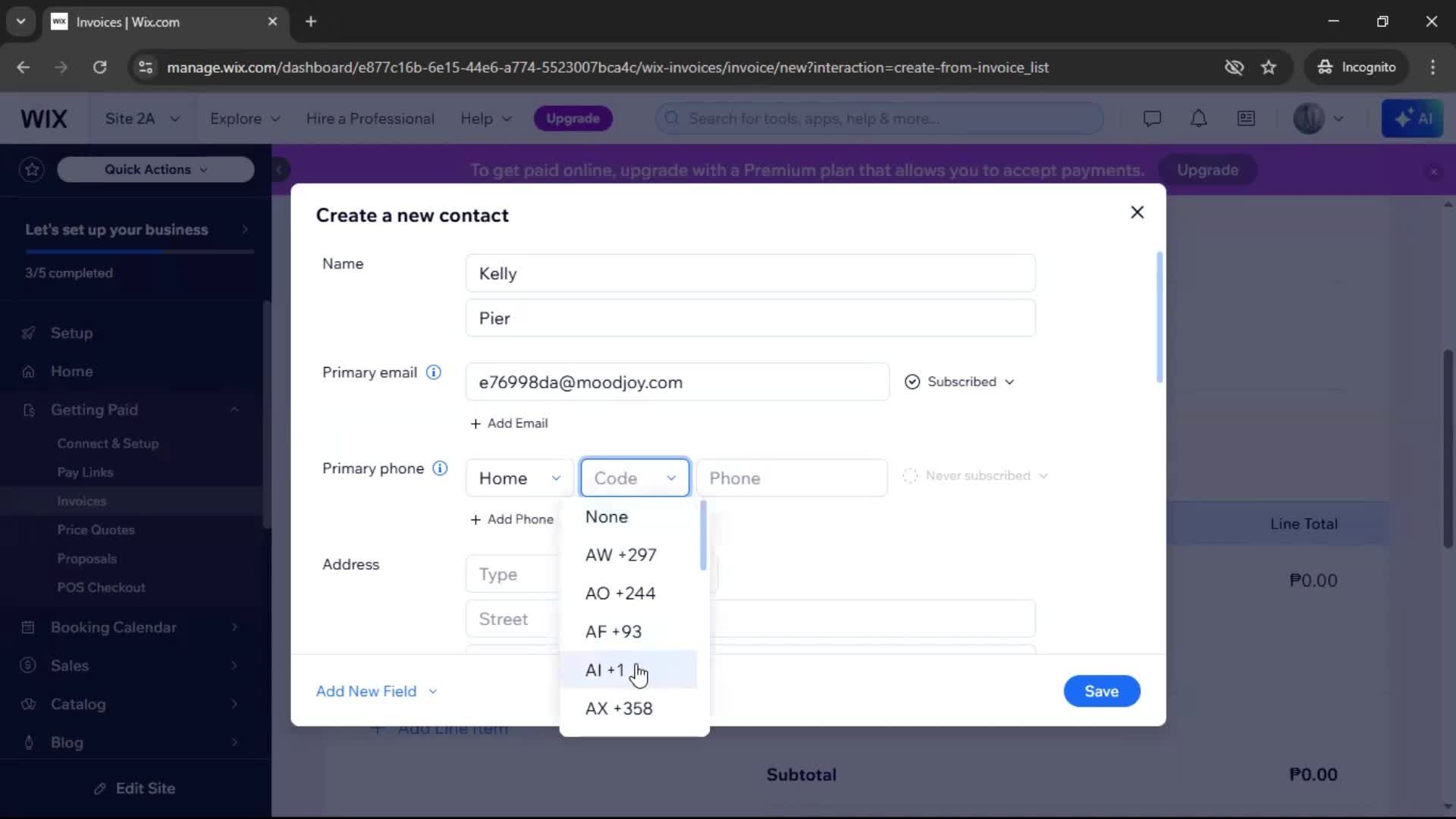 Creating an invoice screenshot
