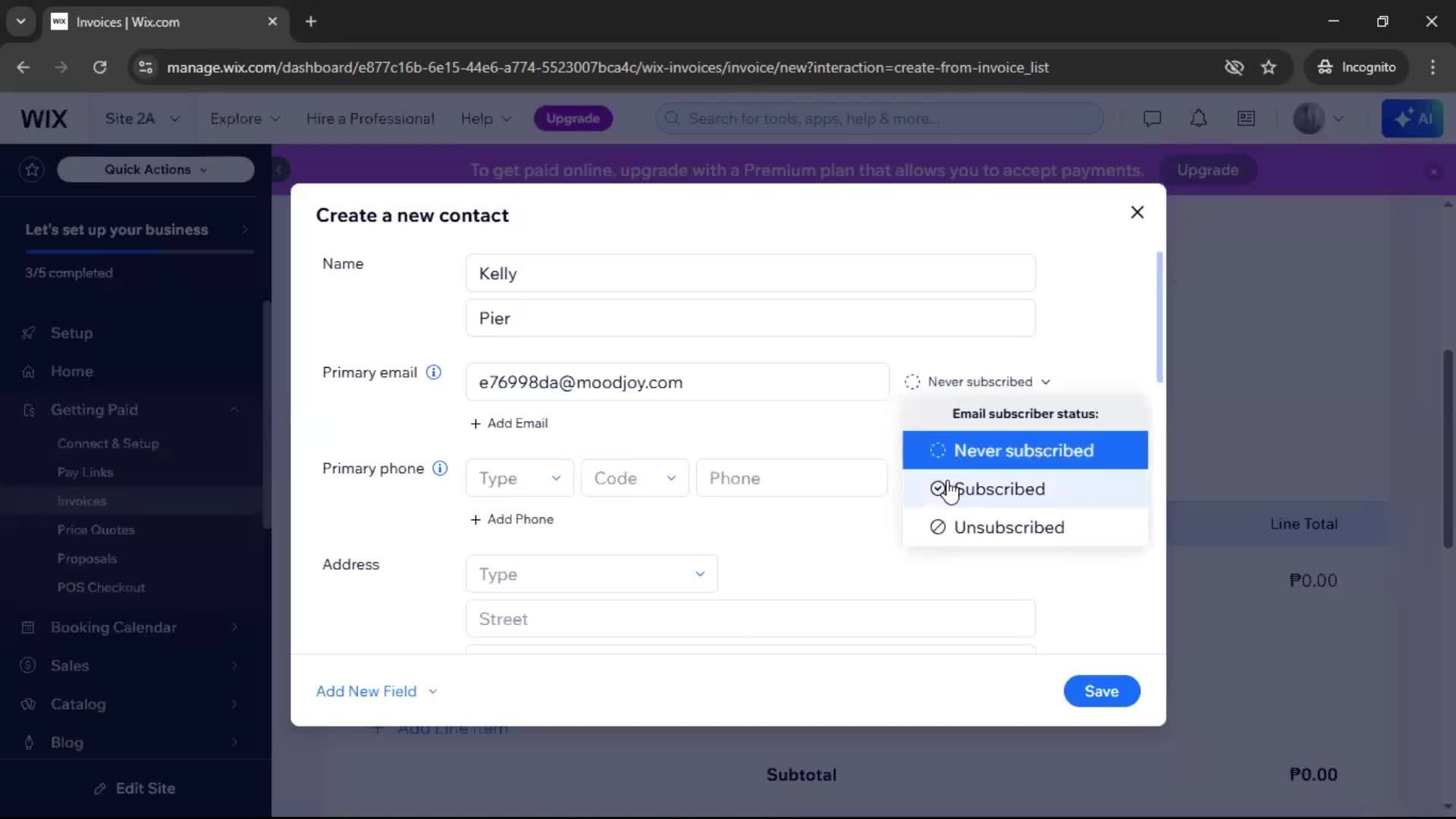 Creating an invoice screenshot