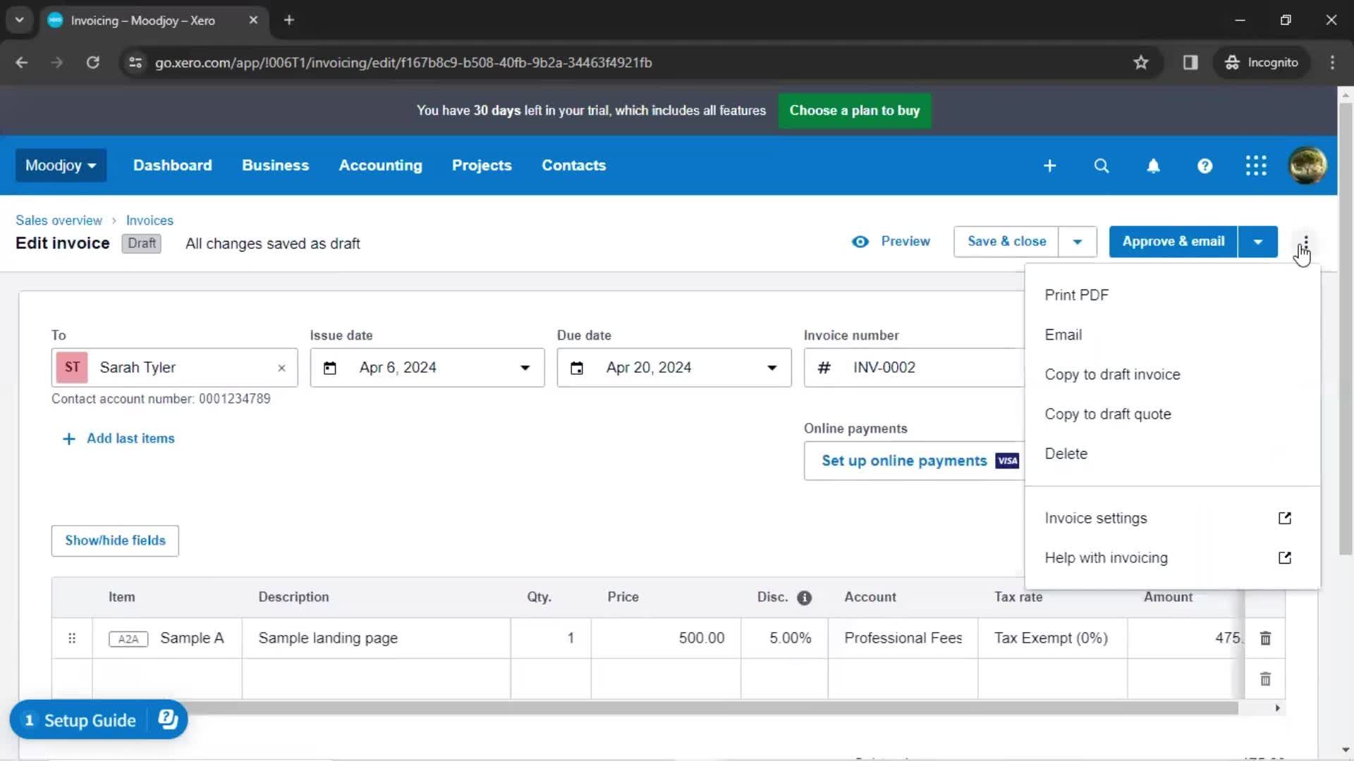 Creating an invoice screenshot