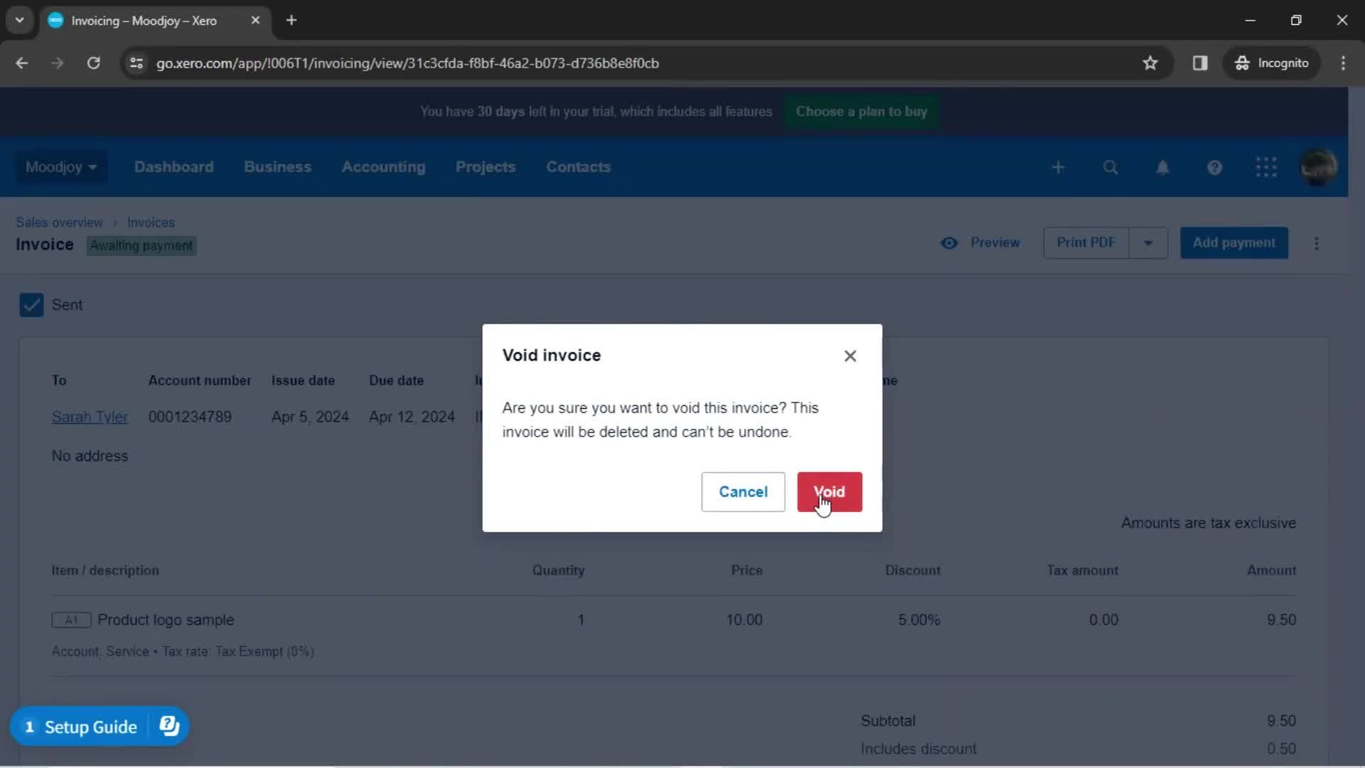 Creating an invoice screenshot
