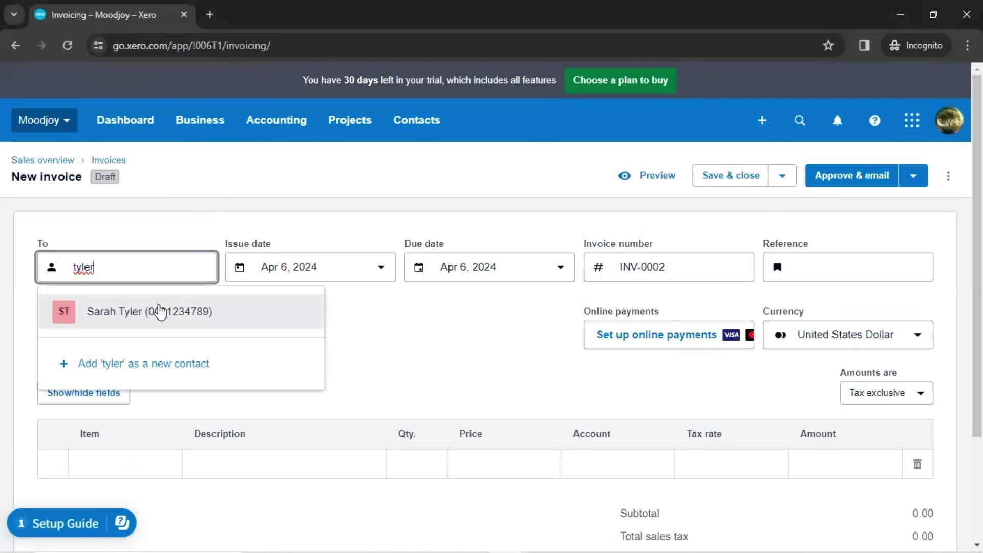 Creating an invoice screenshot