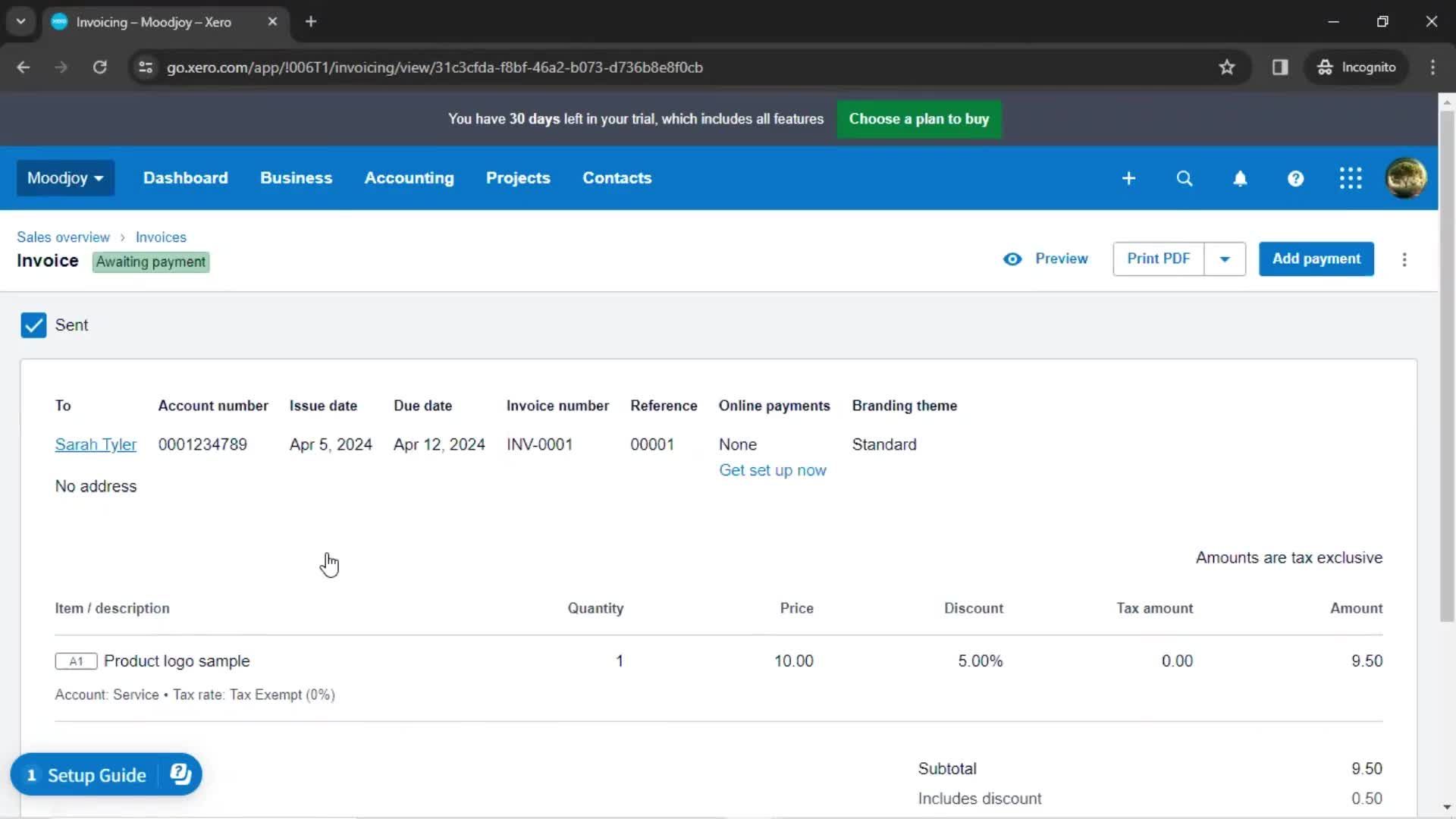 Creating an invoice screenshot