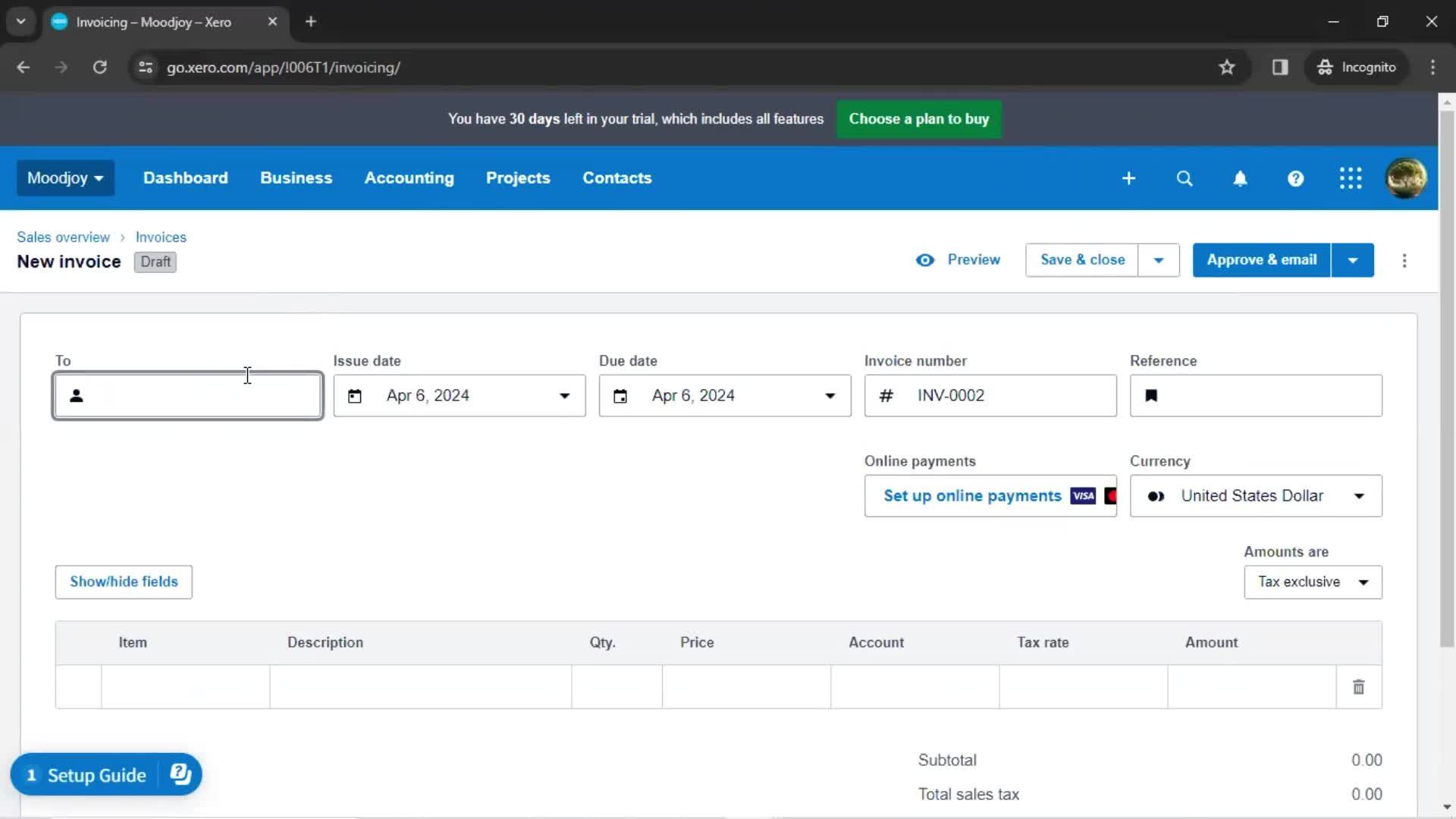 Creating an invoice screenshot