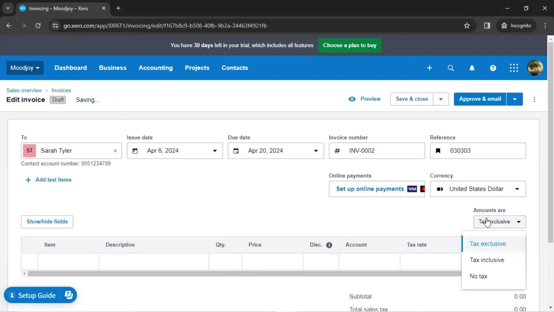 Creating an invoice screenshot