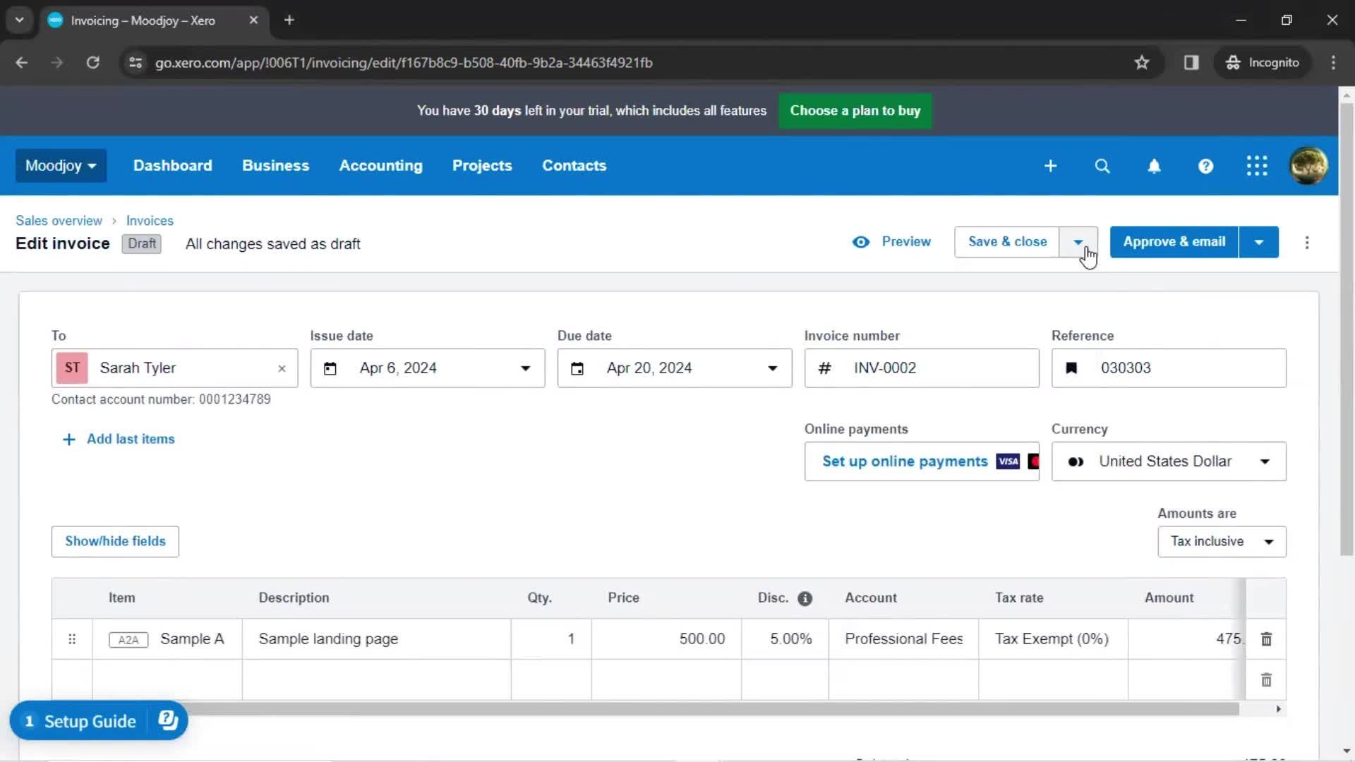 Creating an invoice screenshot