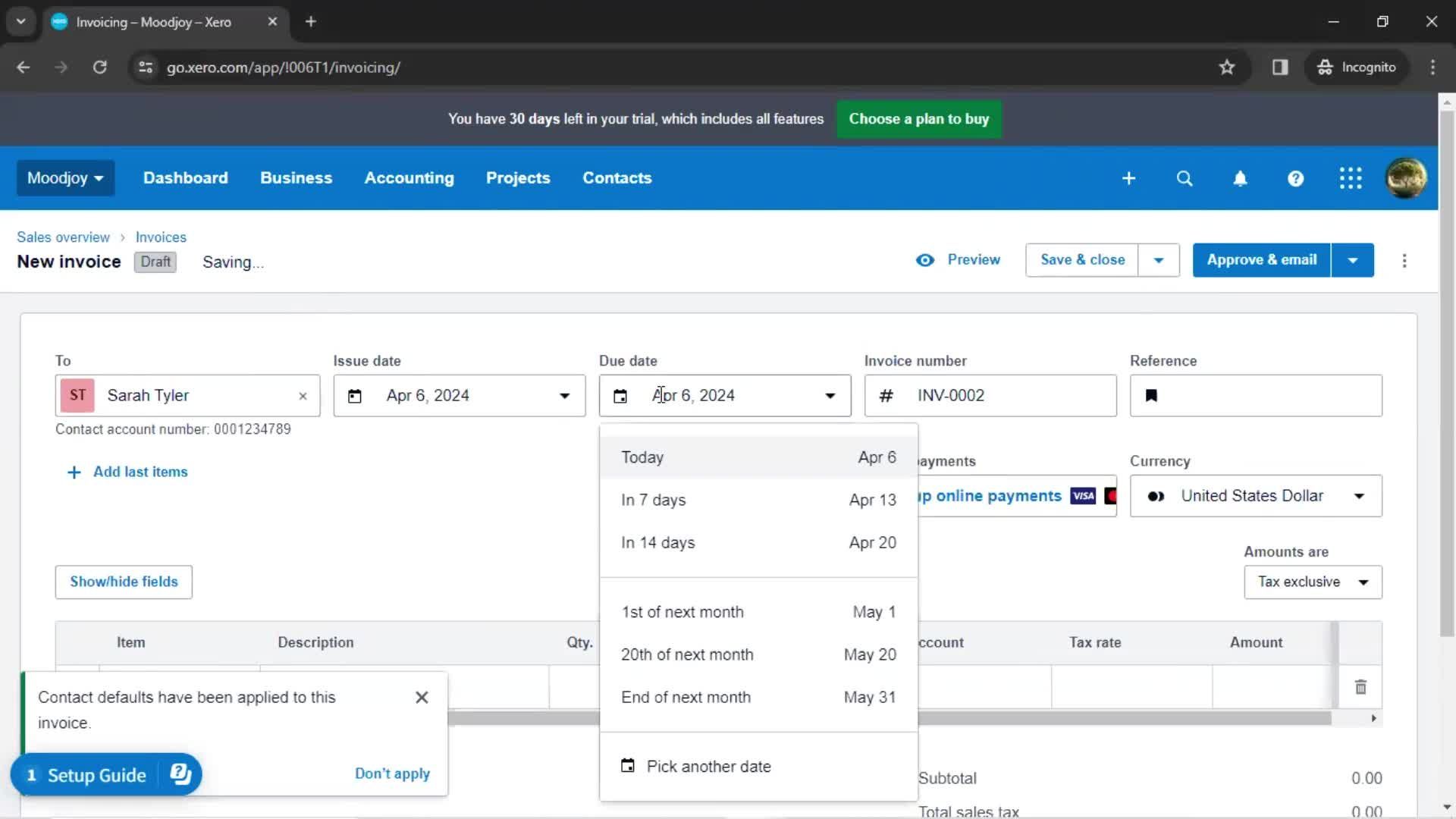 Creating an invoice screenshot