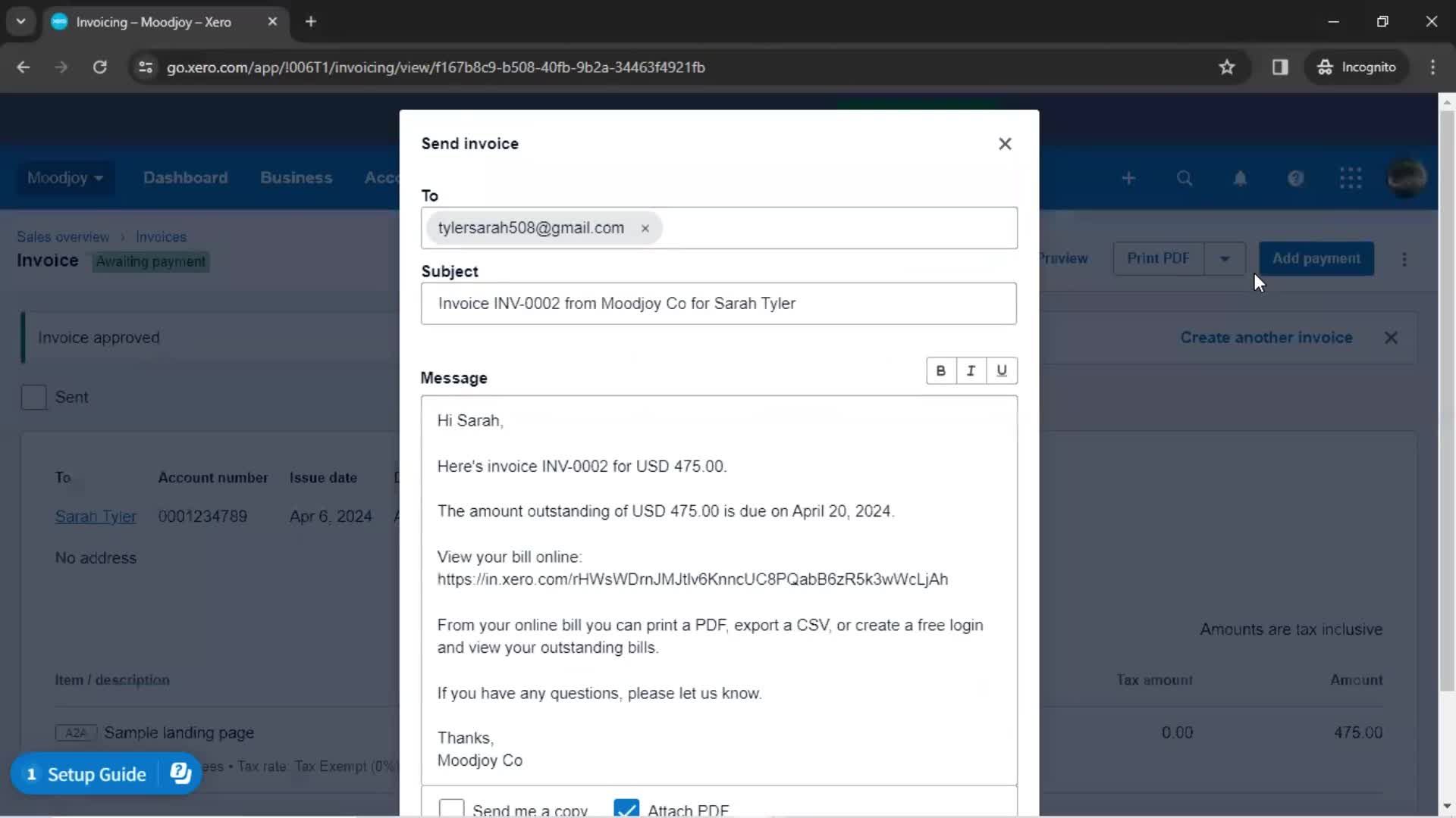 Creating an invoice screenshot