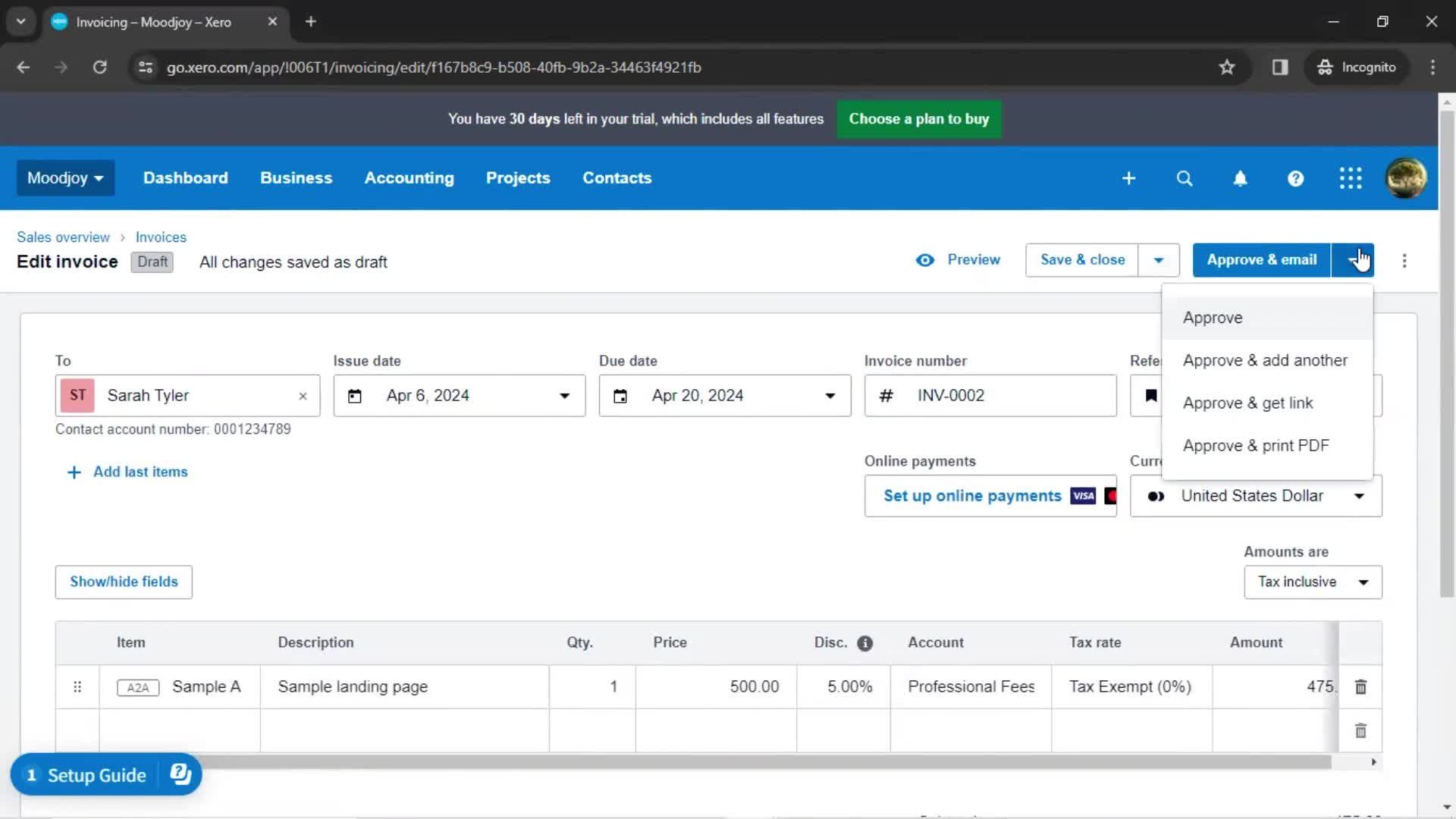 Creating an invoice screenshot