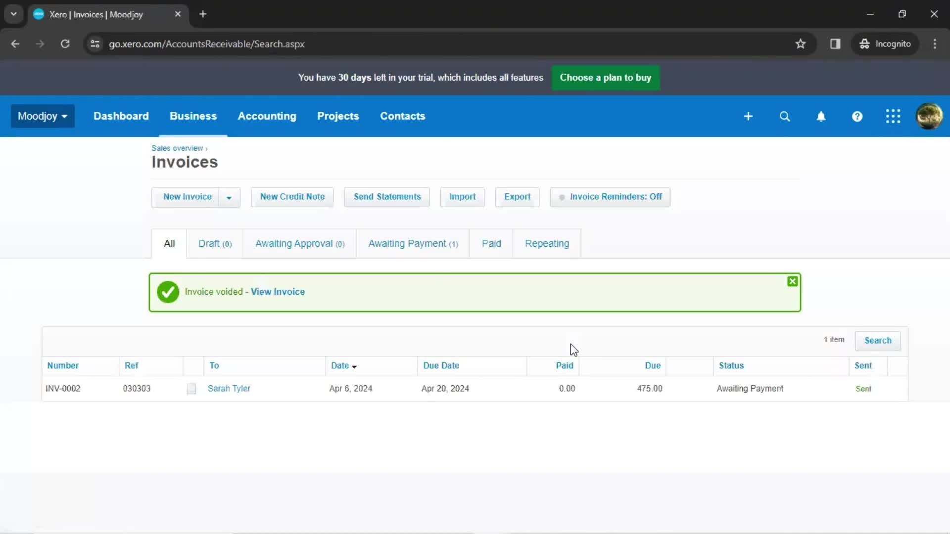Creating an invoice screenshot