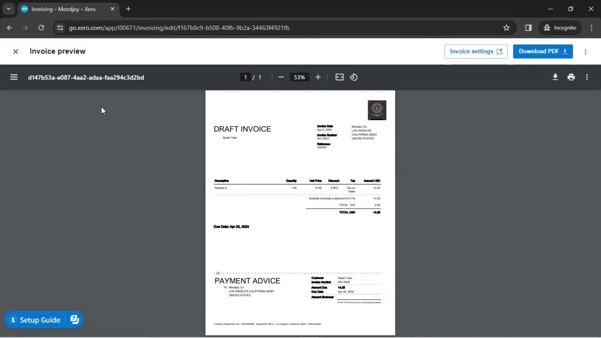 Creating an invoice screenshot