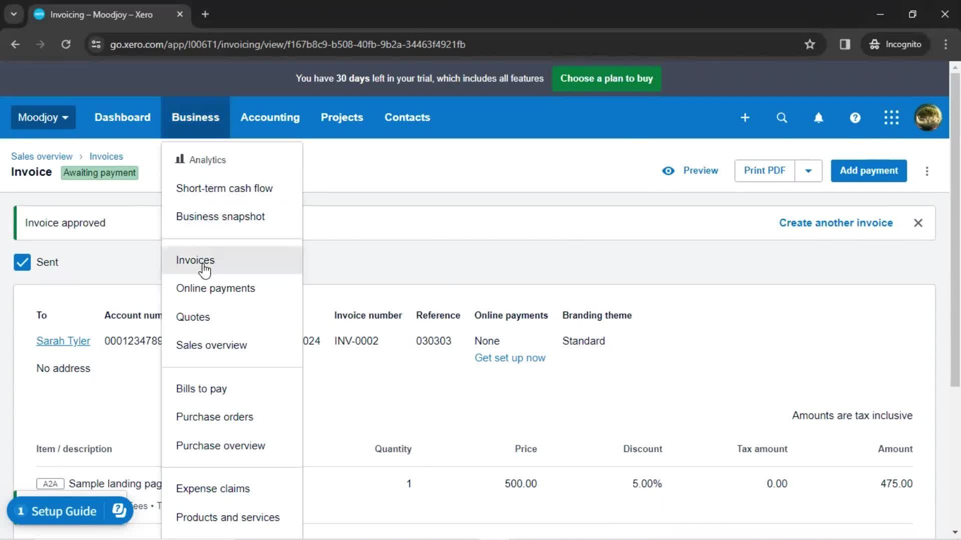 Creating an invoice screenshot