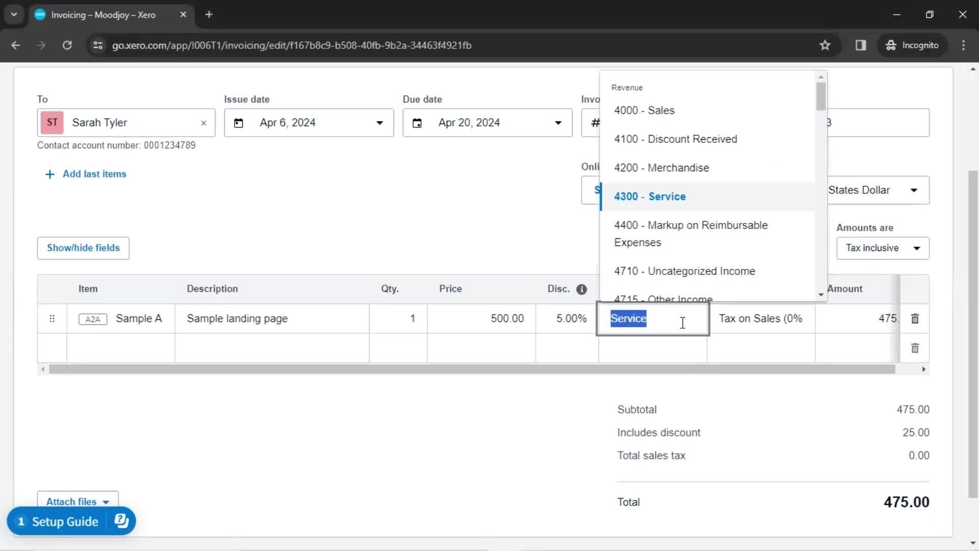 Creating an invoice screenshot