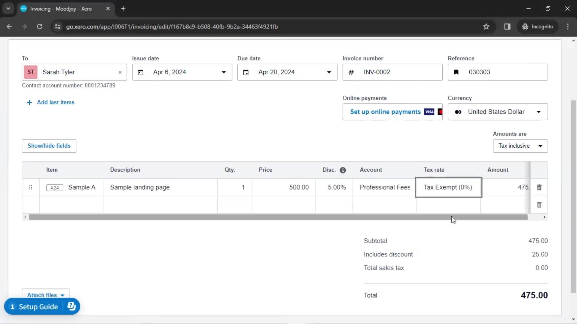 Creating an invoice screenshot