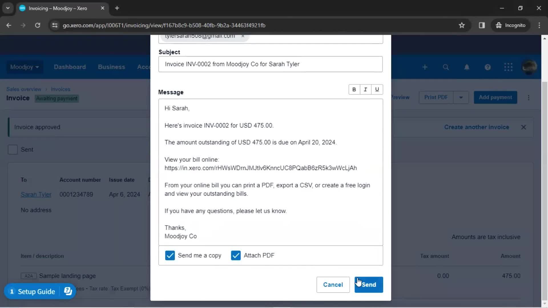 Creating an invoice screenshot