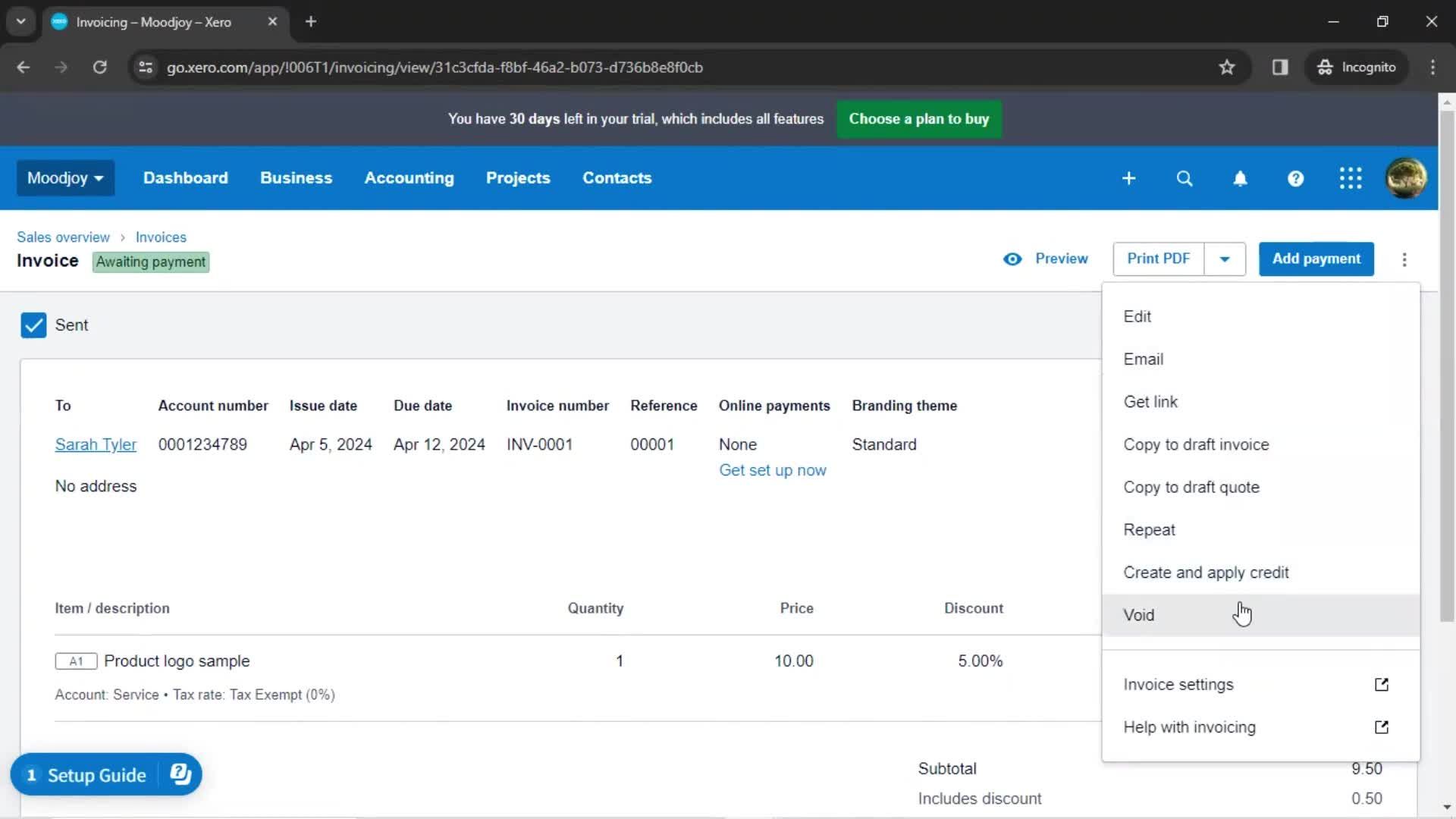 Creating an invoice screenshot