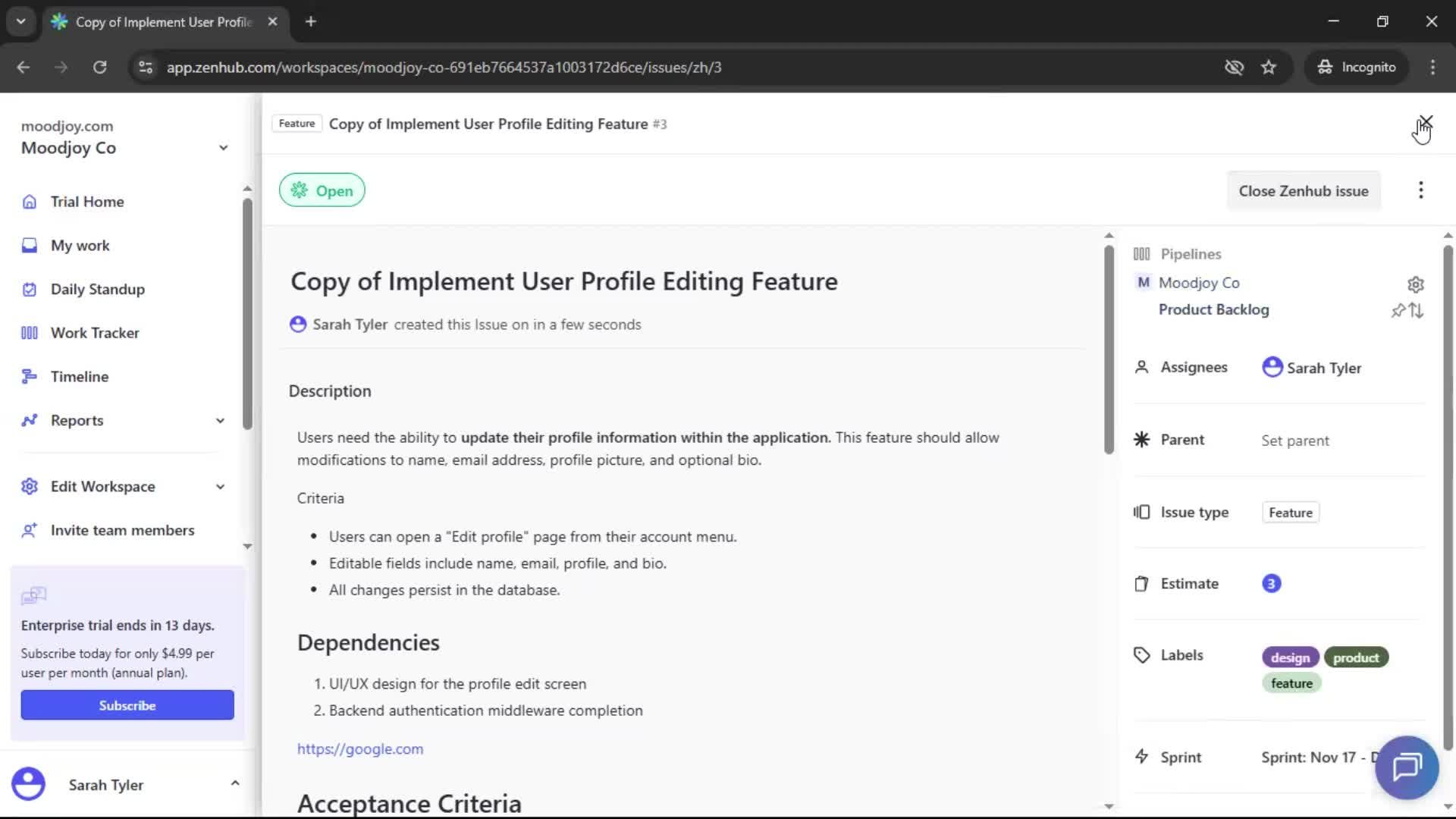 Creating new issue screenshot