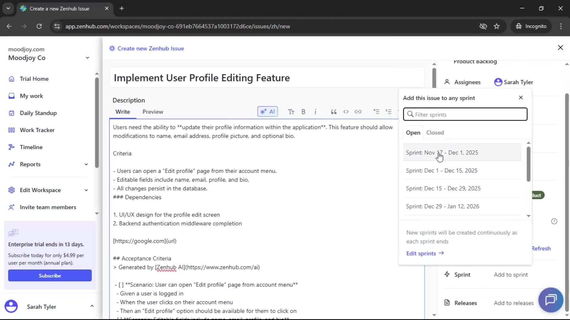 Creating new issue screenshot