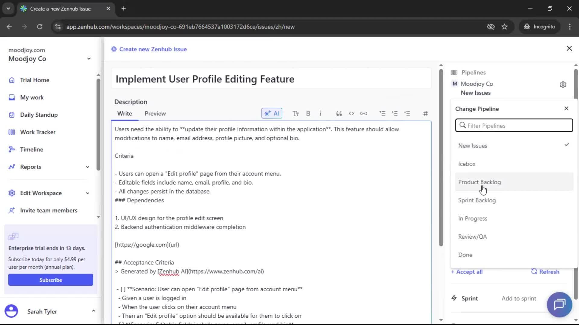 Creating new issue screenshot