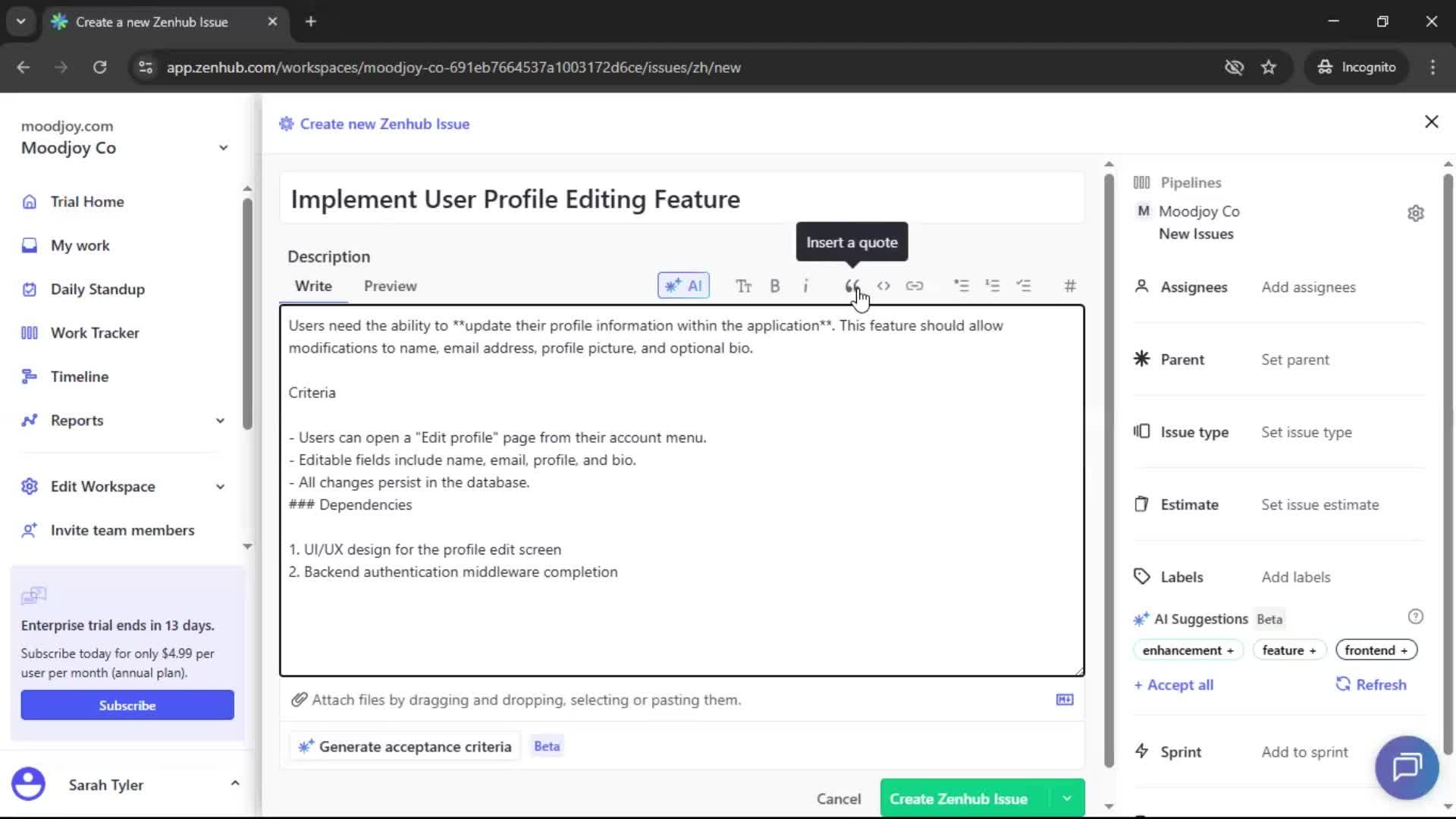 Creating new issue screenshot