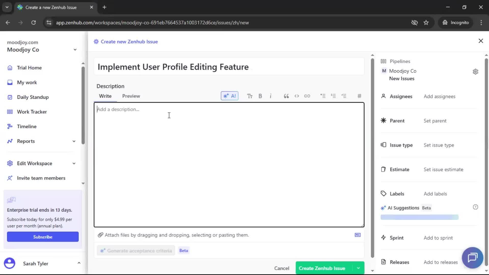 Creating new issue screenshot