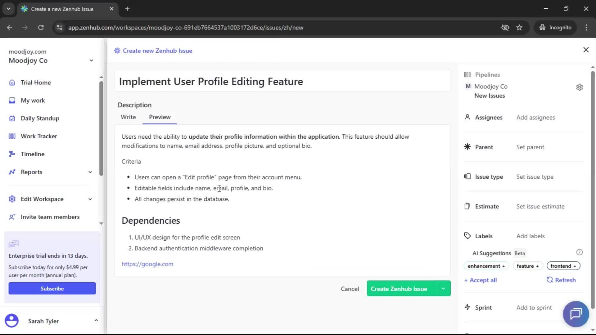 Creating new issue screenshot