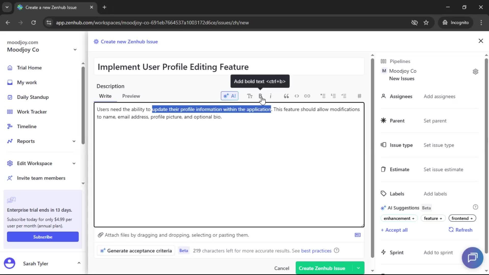 Creating new issue screenshot