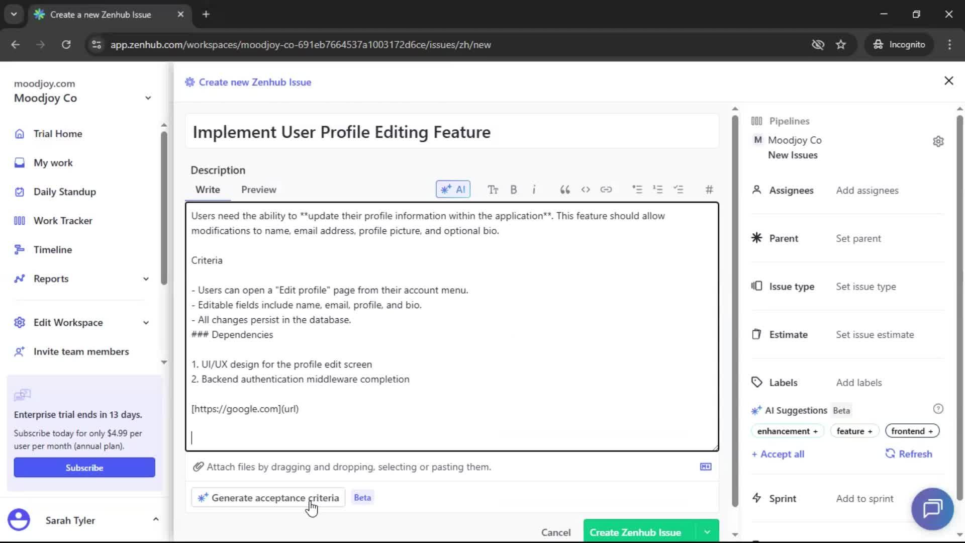 Creating new issue screenshot