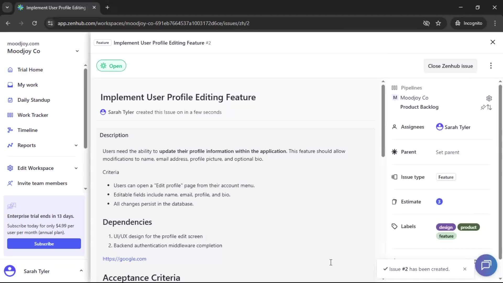 Creating new issue screenshot