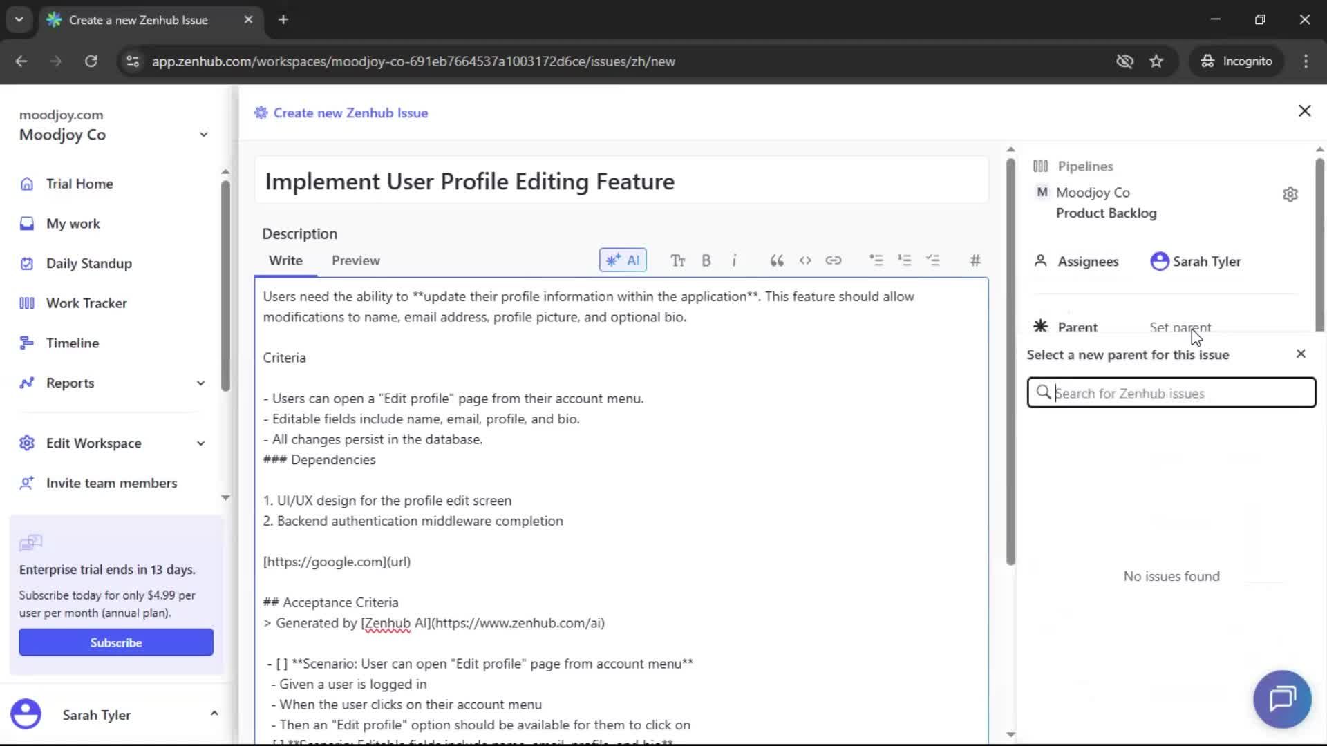 Creating new issue screenshot